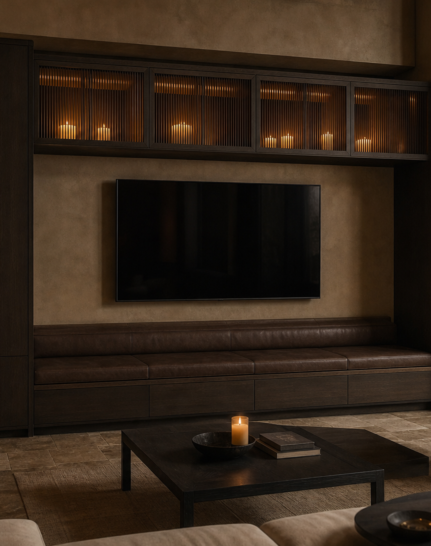Fadior Patina Living Room Suite with Reeded Display Media Bridge — interior room context showing cabinet integration