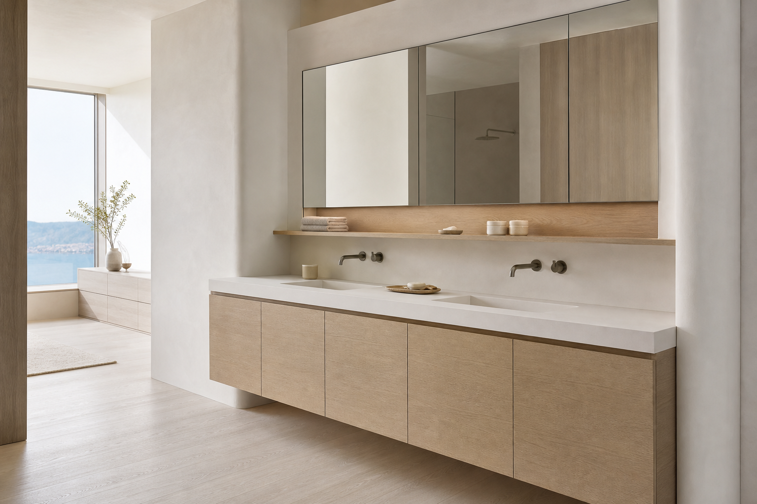 Fadior Ethereal Bath and Vanity Suite with FSC Oak Care Shelf — interior room context showing cabinet integration