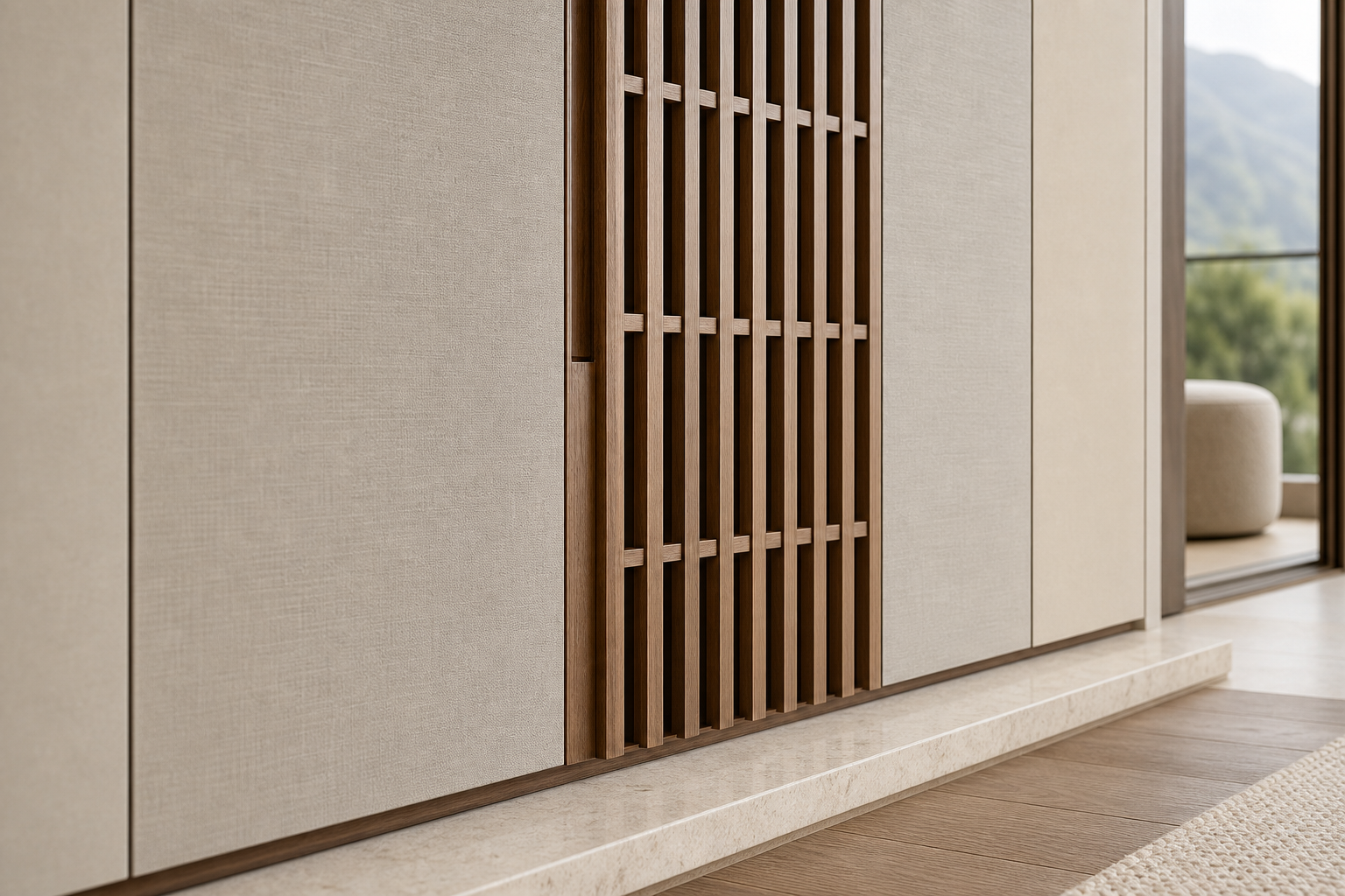 Fadior Onyx Wardrobe Suite with Shadow Lattice Dressing Bay — close-up of stainless steel finish and hardware detail