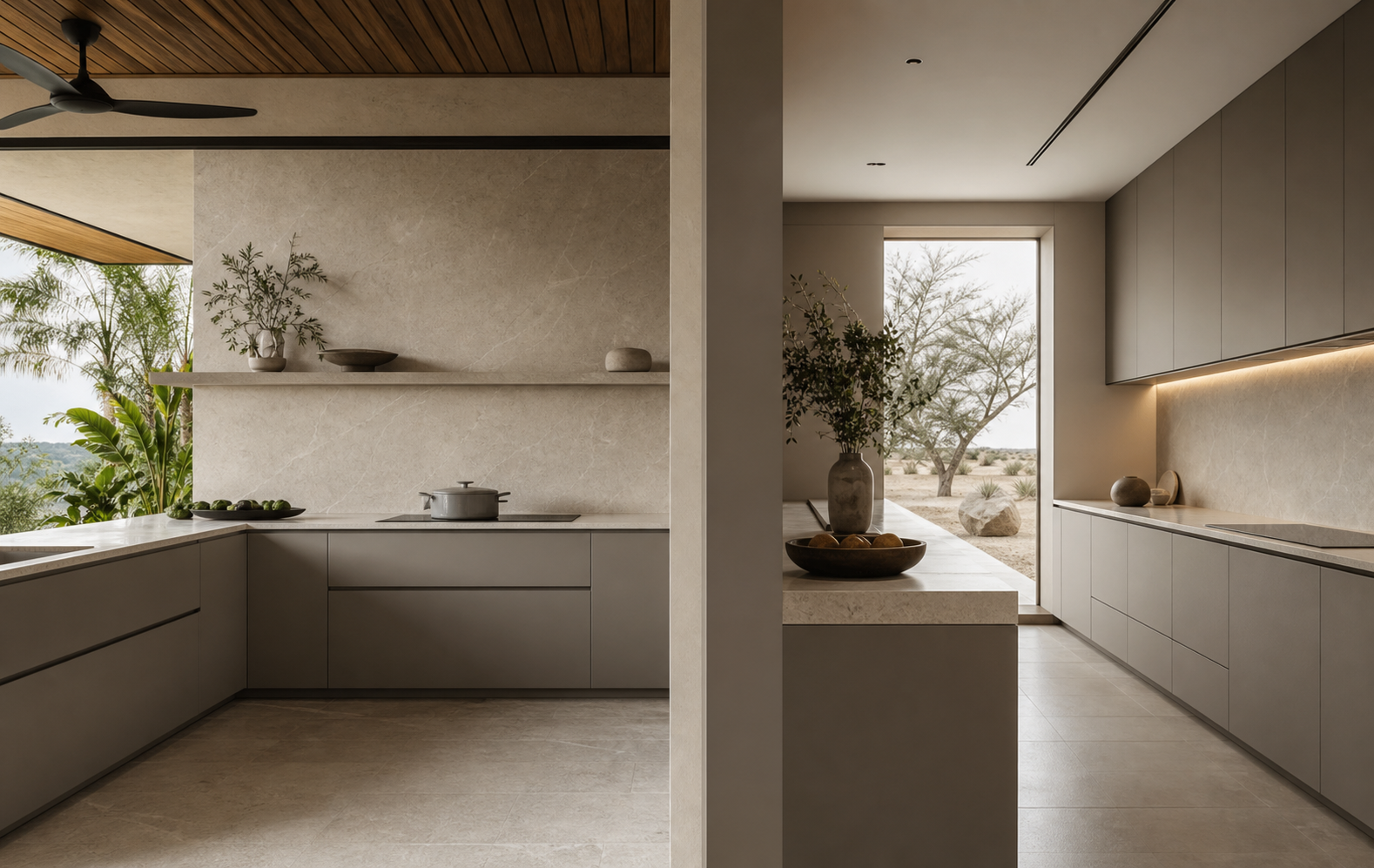 Split residential kitchen scene contrasting humid-climate planning with a dry indoor specification corner.