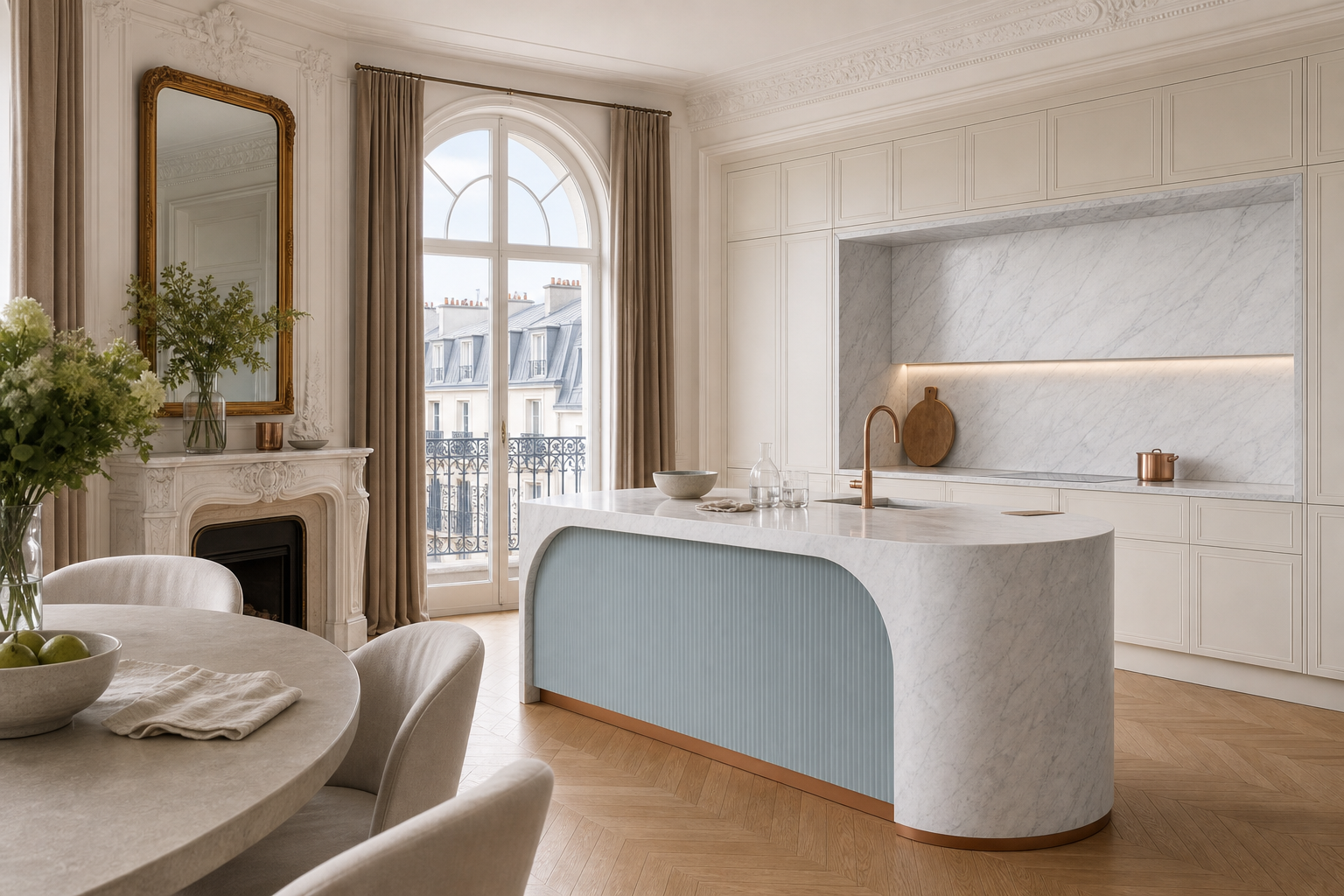 Fadior Riviera Kitchen Suite with Arched Coastal Prep Island — lifestyle setting with natural light and residential styling