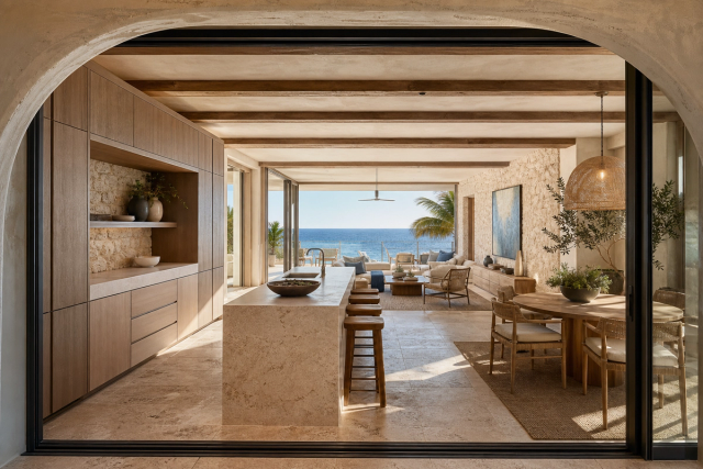Fadior Miami Boutique Suite Hotel — Miami hotel suite kitchen with stone island, timber cabinets, arched opening,