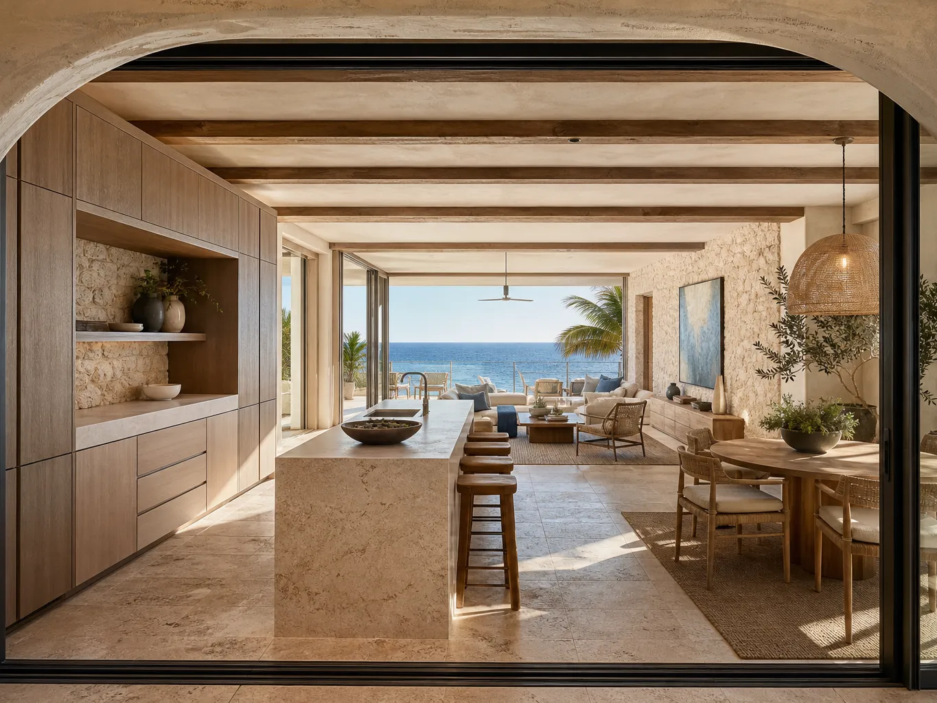 Fadior Miami Boutique Suite Hotel — Miami hotel suite kitchen with stone island, timber cabinets, arched opening,