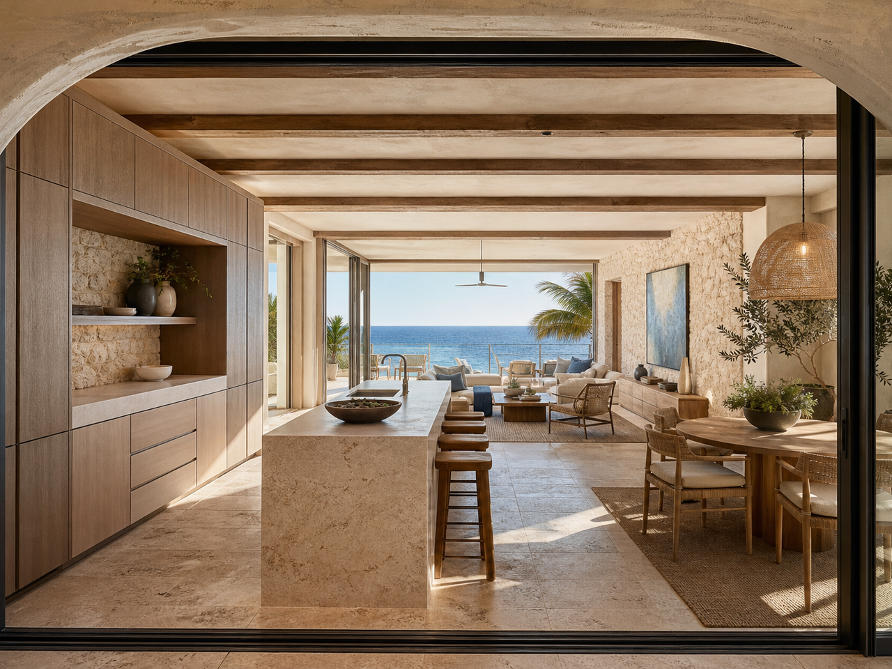 Fadior Miami Boutique Suite Hotel — Miami hotel suite kitchen with stone island, timber cabinets, arched opening, — 304 stainless steel cabinetry installation by Fadior