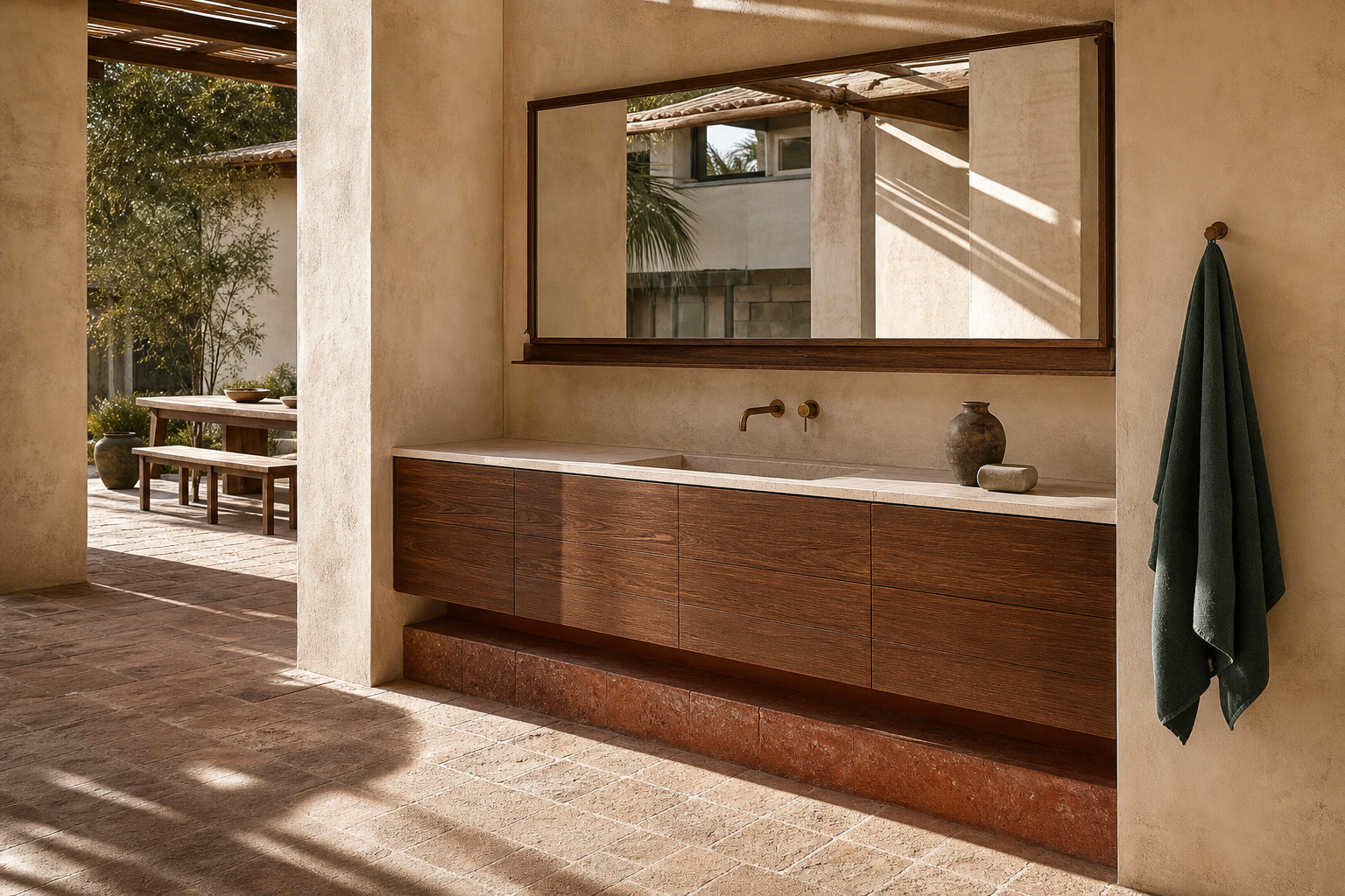Fadior Nacre Bath and Vanity Suite with Red Dot Spa Plinth — interior room context showing cabinet integration