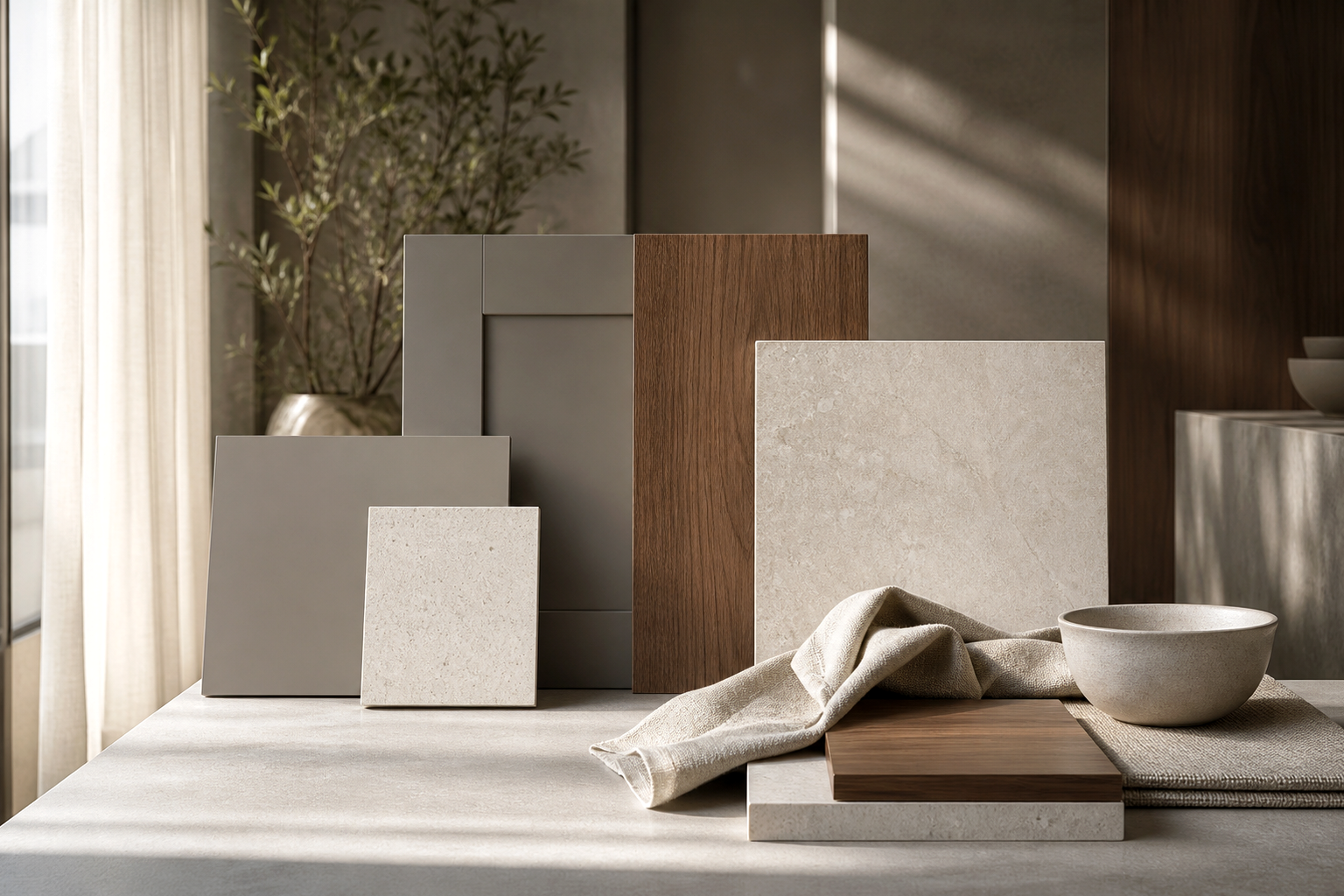 Italian kitchen material mood with grey planes, walnut-toned wood, pale stone, and soft linen.