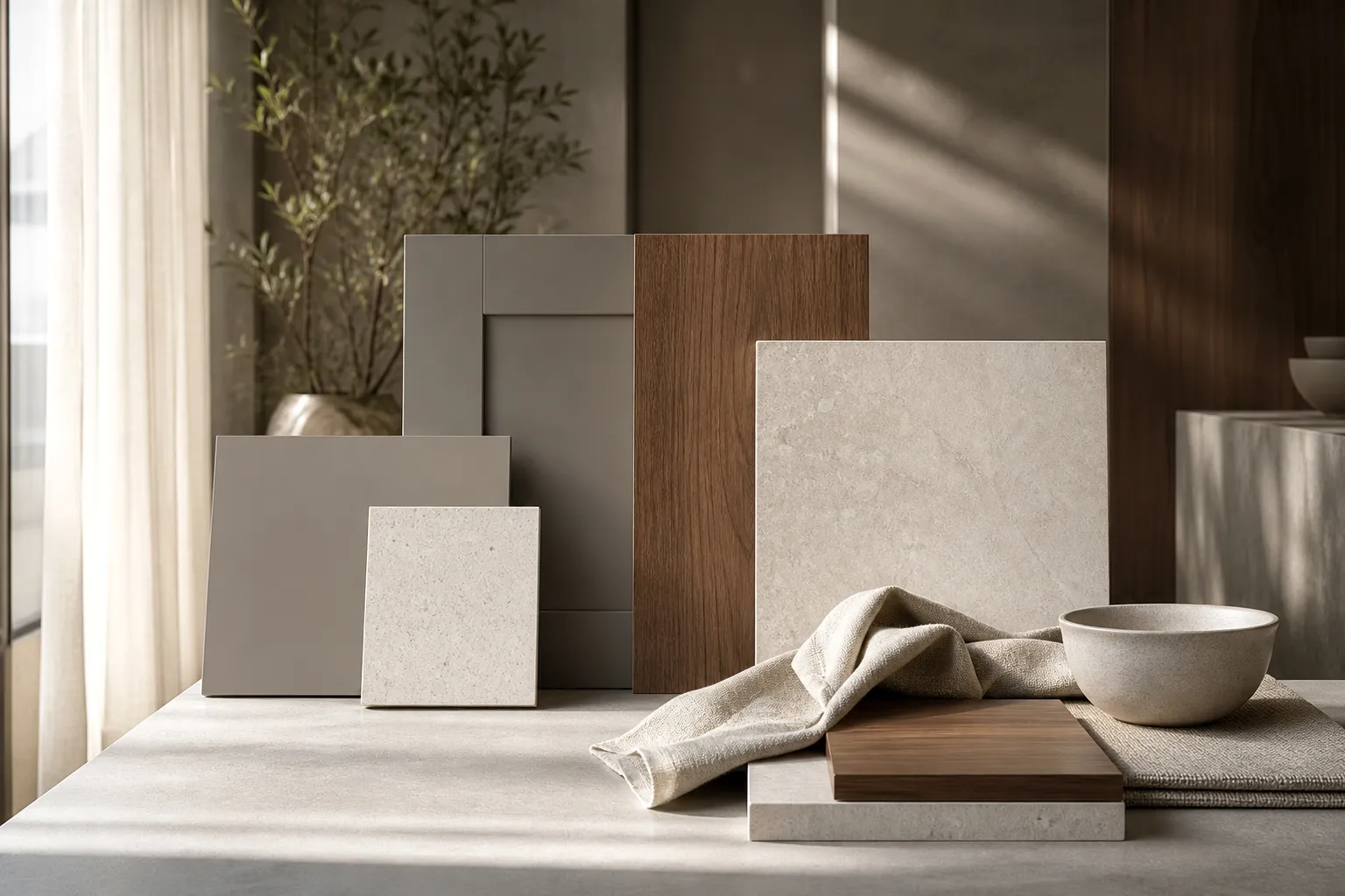 Italian kitchen material mood with grey planes, walnut-toned wood, pale stone, and soft linen.