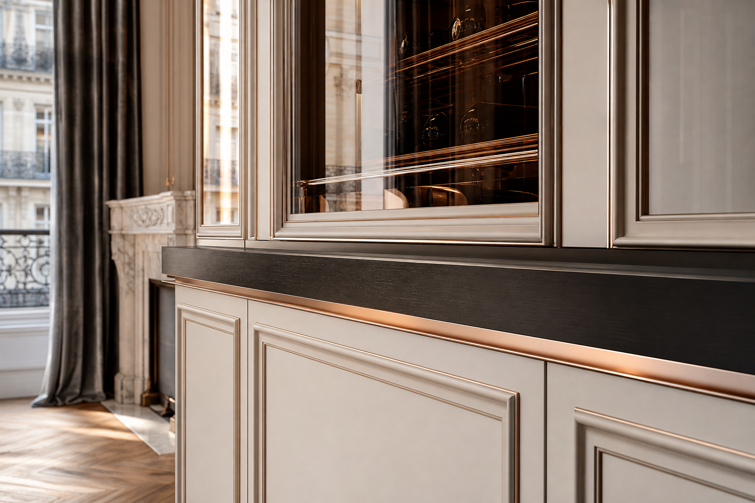Fadior Grotto Wine Cabinet Suite with Obsidian Decanter Ribbon — close-up of stainless steel finish and hardware detail