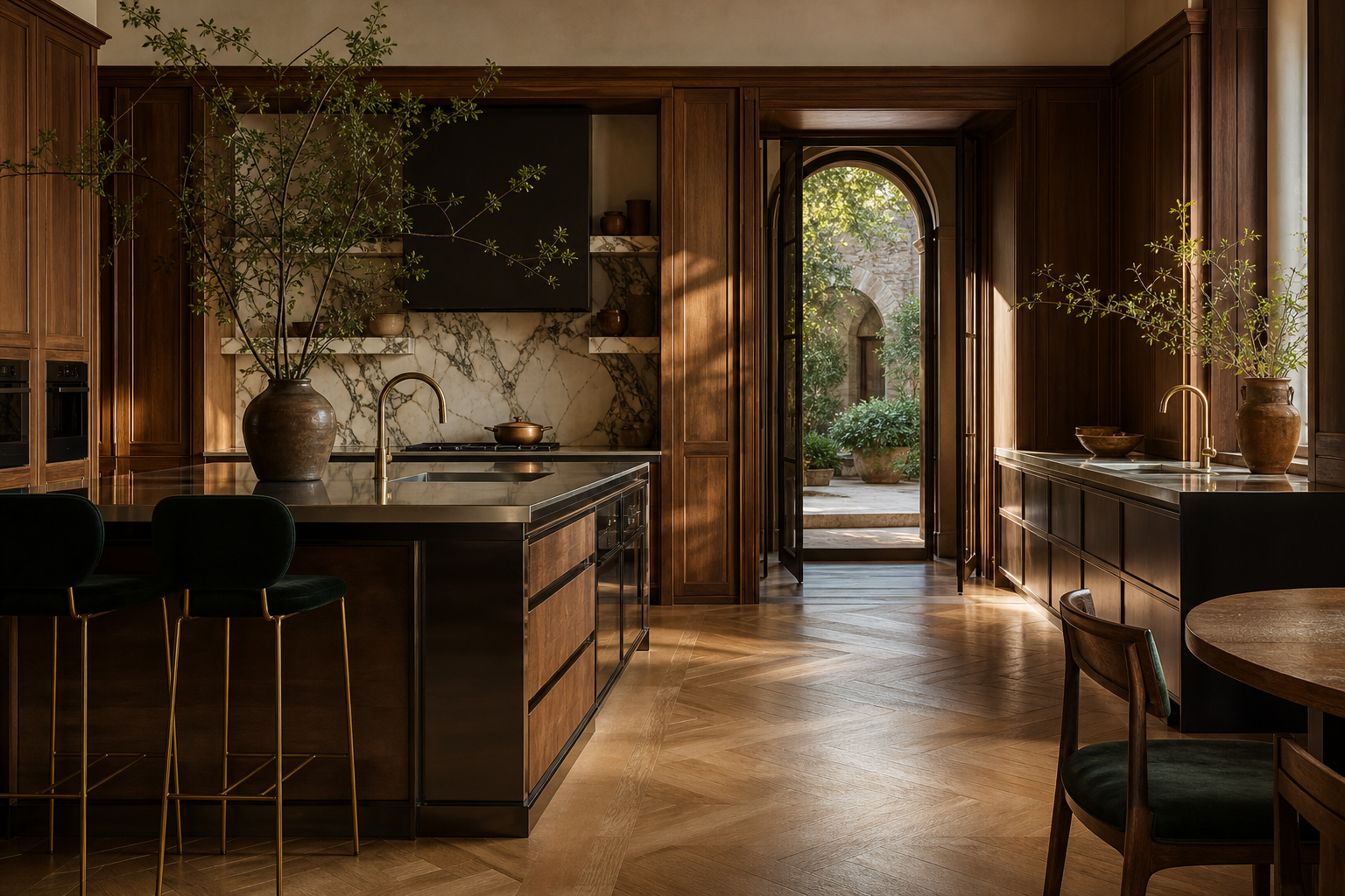 Fadior Siena Garden Courtyard Villa — Siena kitchen workspace with marble counter, sink, walnut cabinets, arched courtyard doorway, oak parquet, plant vase, and black-framed storage wall