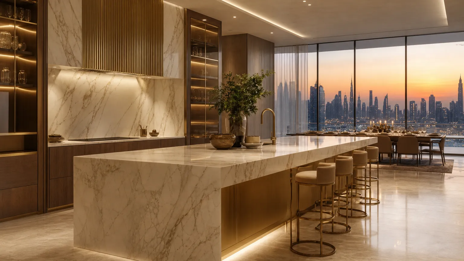 Luminous UAE villa kitchen atmosphere with champagne accents and marble-veined island for finish warmth.