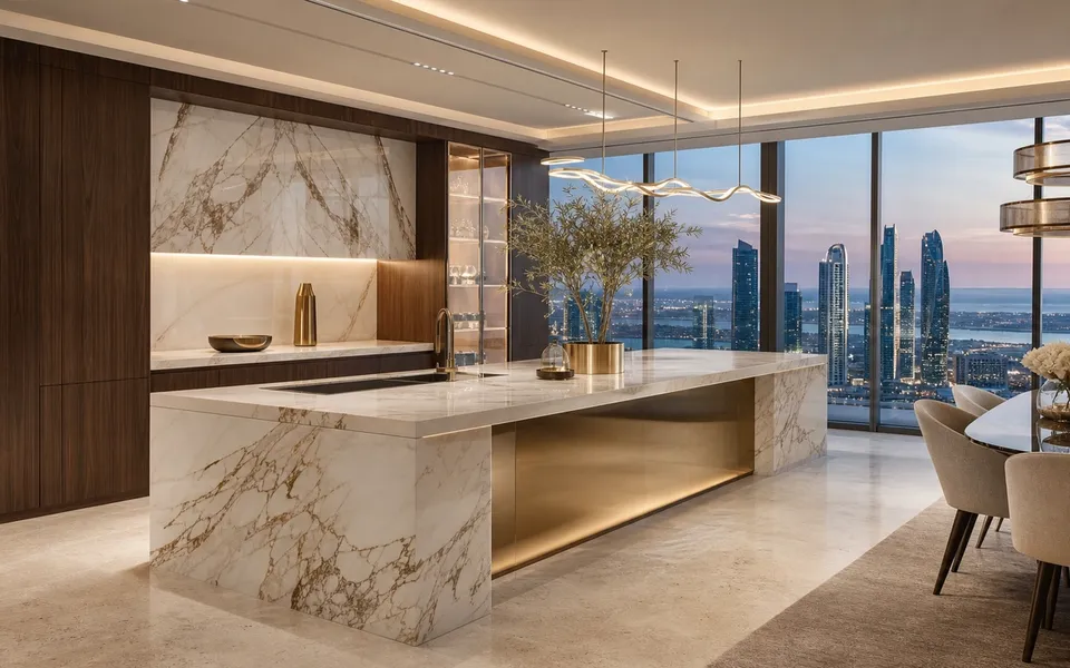 Fadior Abu Dhabi 320 sqm Kitchen Penthouse — marble island, walnut cabinet wall, skyline window, travertine floor, — 304 stainless steel cabinetry installation by Fadior