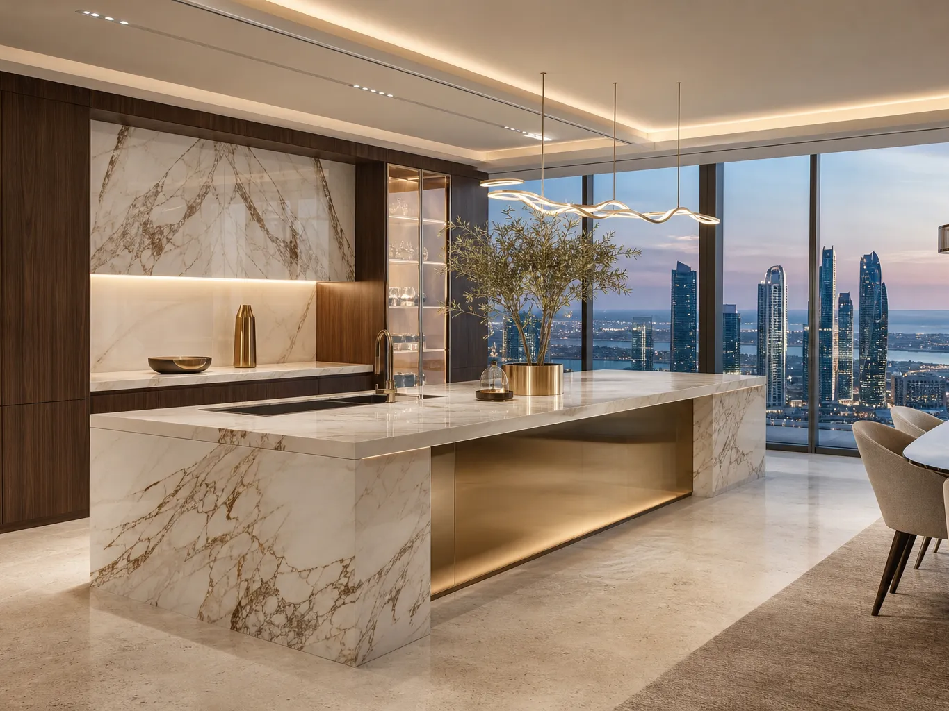 Fadior Abu Dhabi 320 sqm Kitchen Penthouse — marble island, walnut cabinet wall, skyline window, travertine floor,