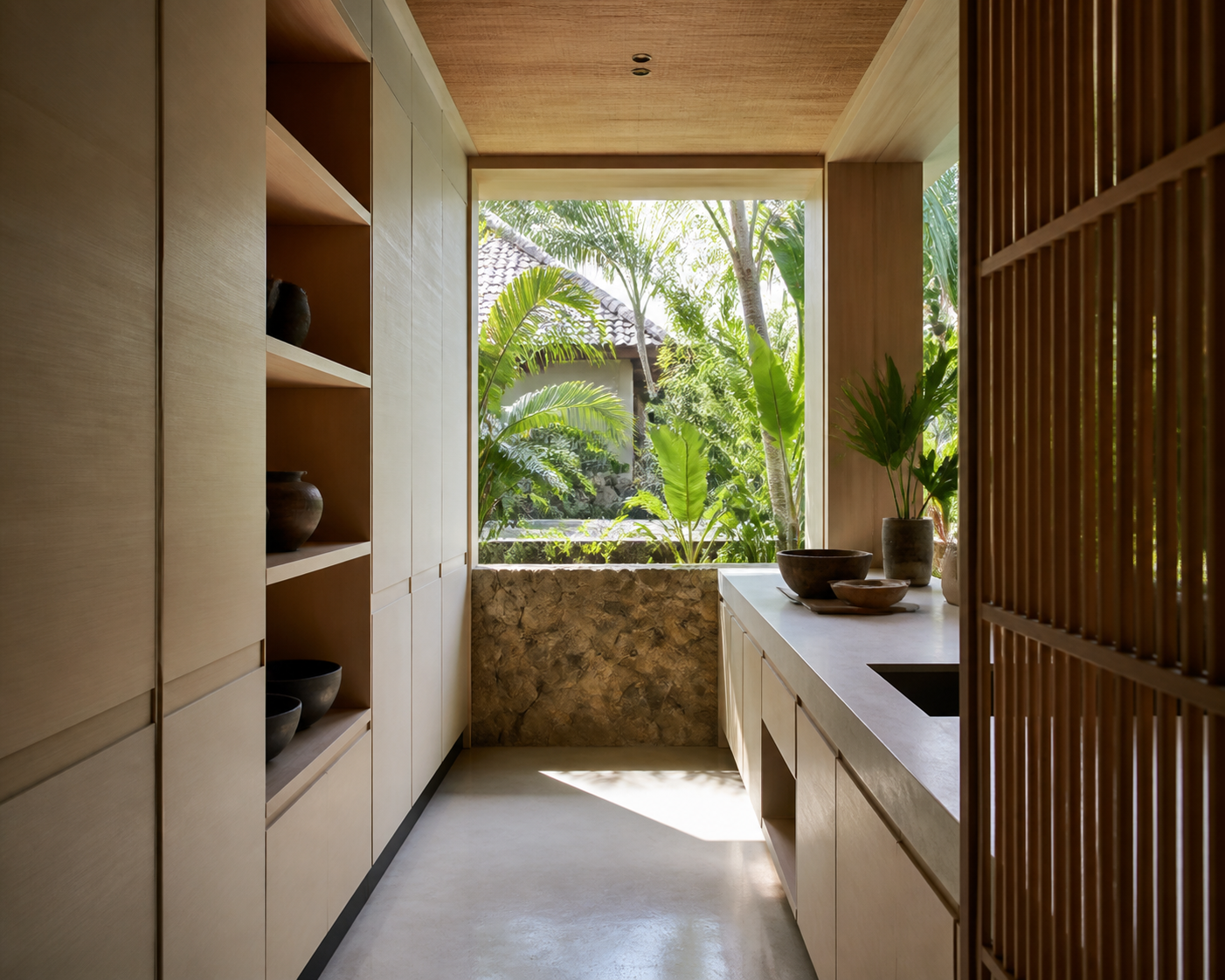 Fadior Ubud 220 sqm Kitchen Villa — tall cabinets, open shelves, preparation counter, timber screen, garden window.