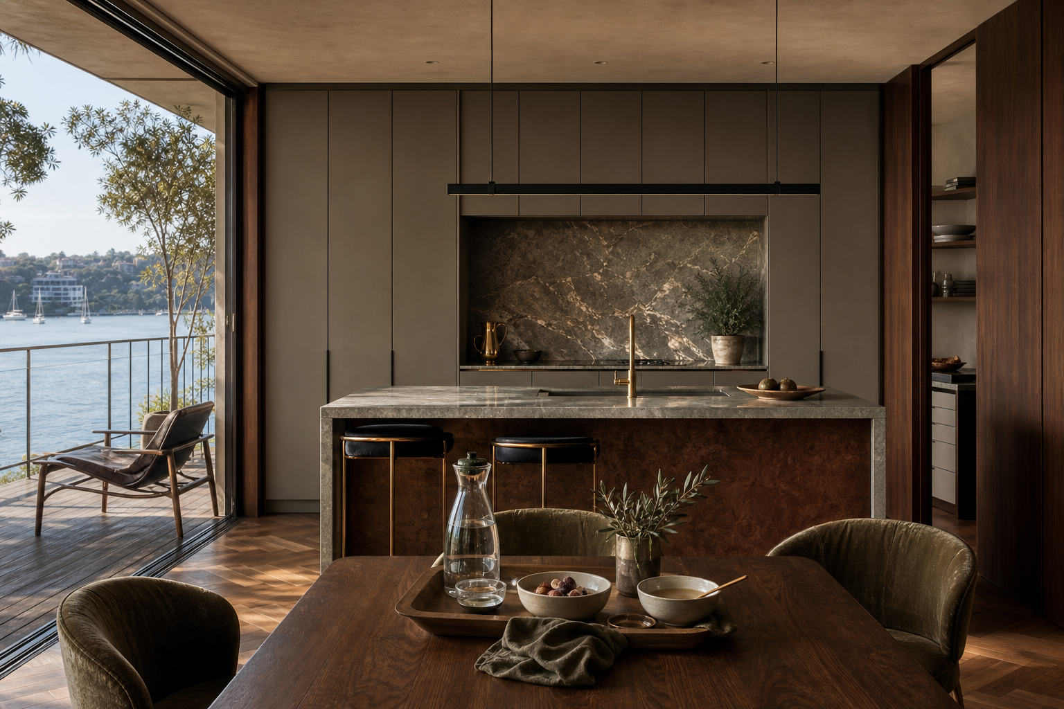 Fadior Sydney Compact Residence — Sydney balcony breakfast with kitchen cabinets, walnut tabletop, velvet chair,