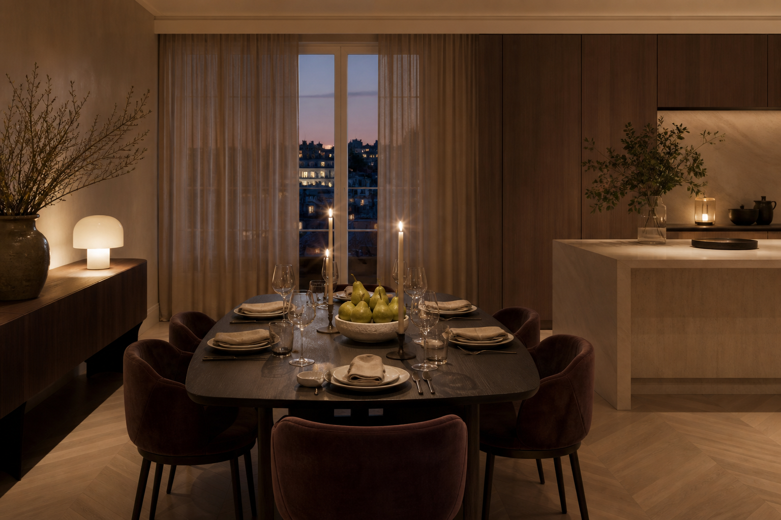 Fadior Milan 140 sqm Kitchen Penthouse — Milan Kitchen Penthouse — dining table, chairs, island, walnut, window
