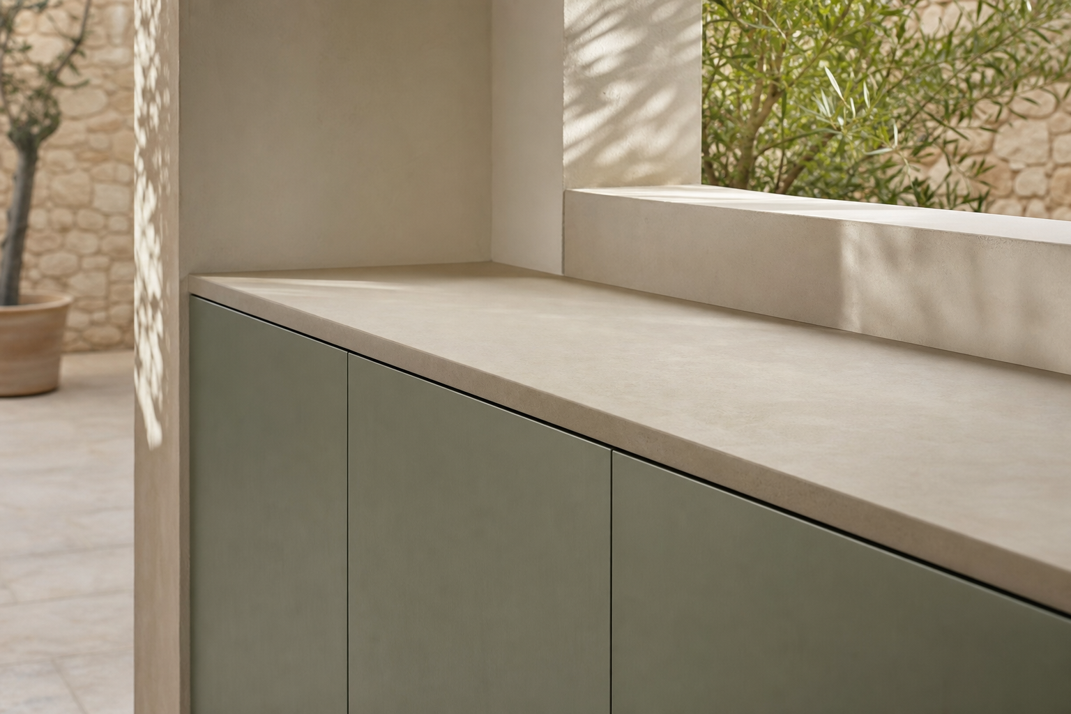 Fadior Silkstone Kitchen Suite with Arcade Window Workbench — close-up of stainless steel finish and hardware detail