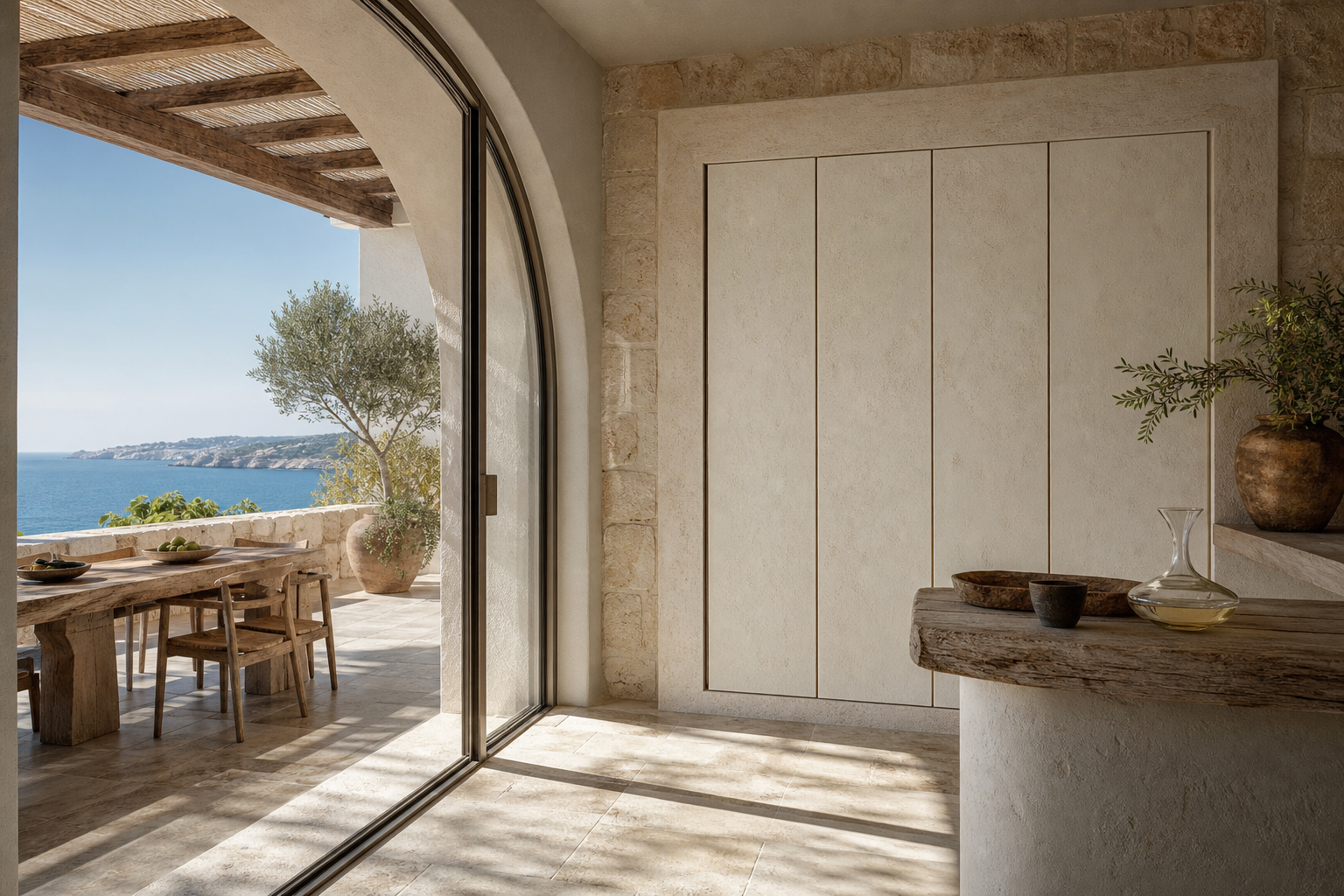 Fadior Gloria Wine Cabinet Suite with Quiet Pivot Tasting Ledger — lifestyle setting with natural light and residential