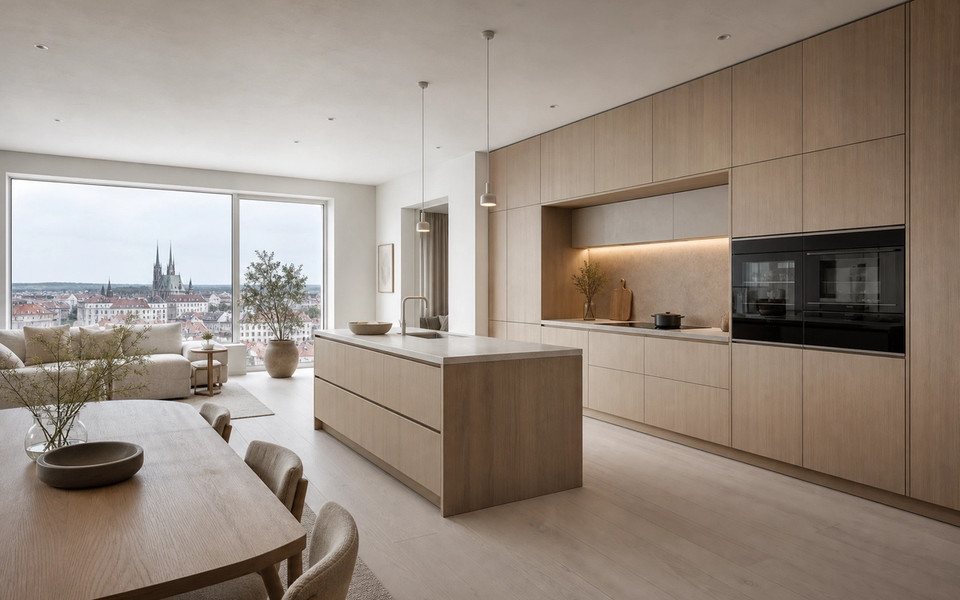 Fadior Brno 110 sqm Kitchen Penthouse - island, cabinet wall, city window, dining table — 304 stainless steel cabinetry installation by Fadior