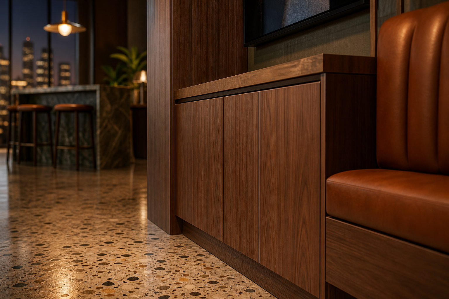Fadior Patina Living Room Suite with Countertop Utility Media Pier — close-up of stainless steel finish and hardware detail