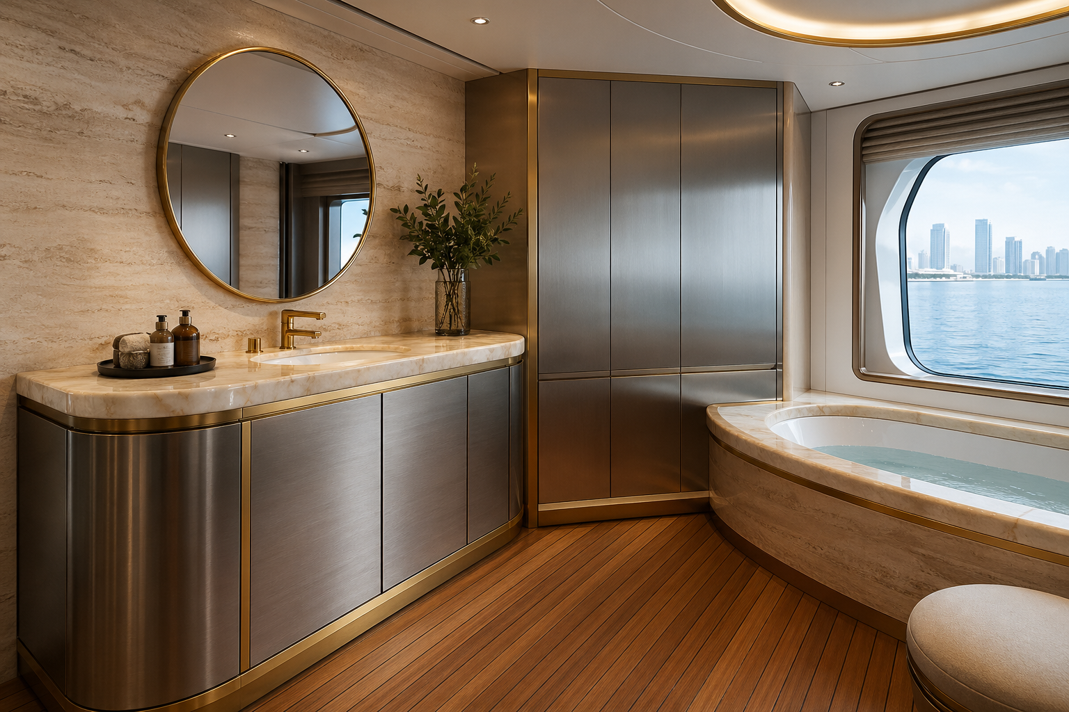 Fadior Gulf Custom Yacht — stainless vanity cabinet, round mirror, onyx counter, travertine wall, teak floor