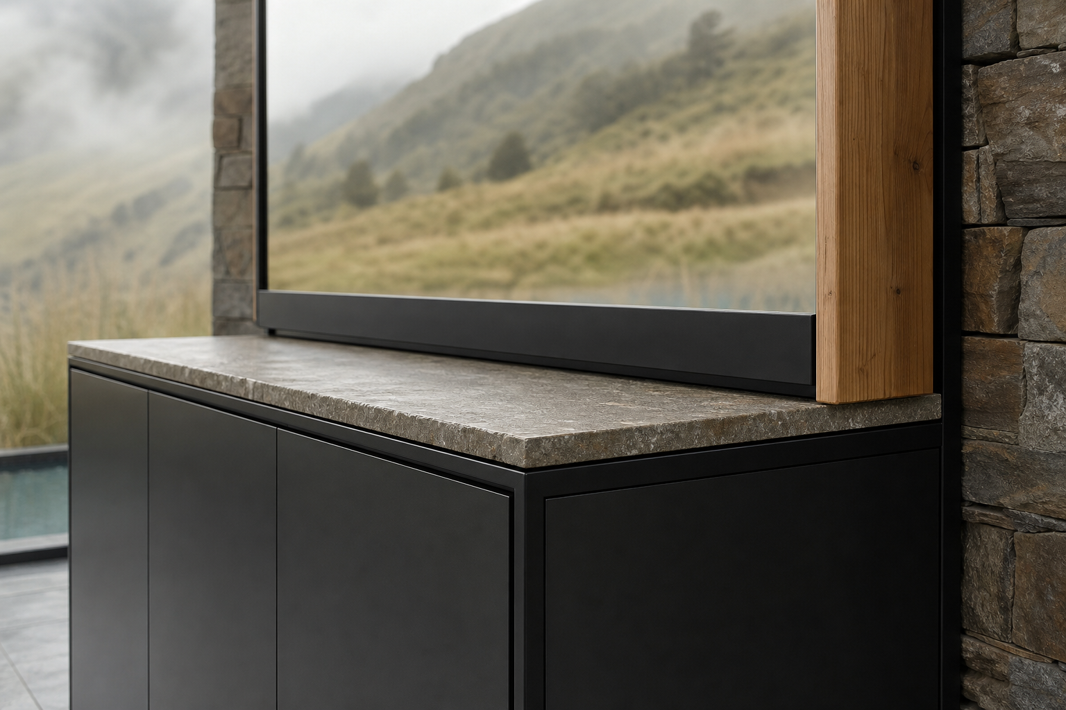Fadior Alcove Bath and Vanity Suite with Silent Appliance Wash Gallery — close-up of stainless steel finish and hardware