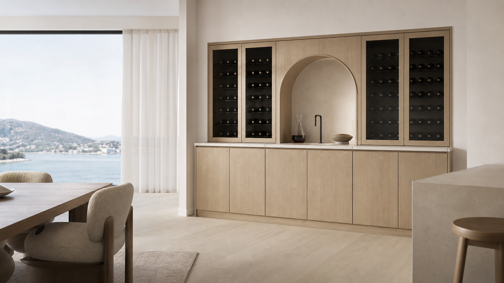 Fadior Grotto Wine Cabinet Suite with Bottle Rinse Arcade — lifestyle setting with natural light and residential styling