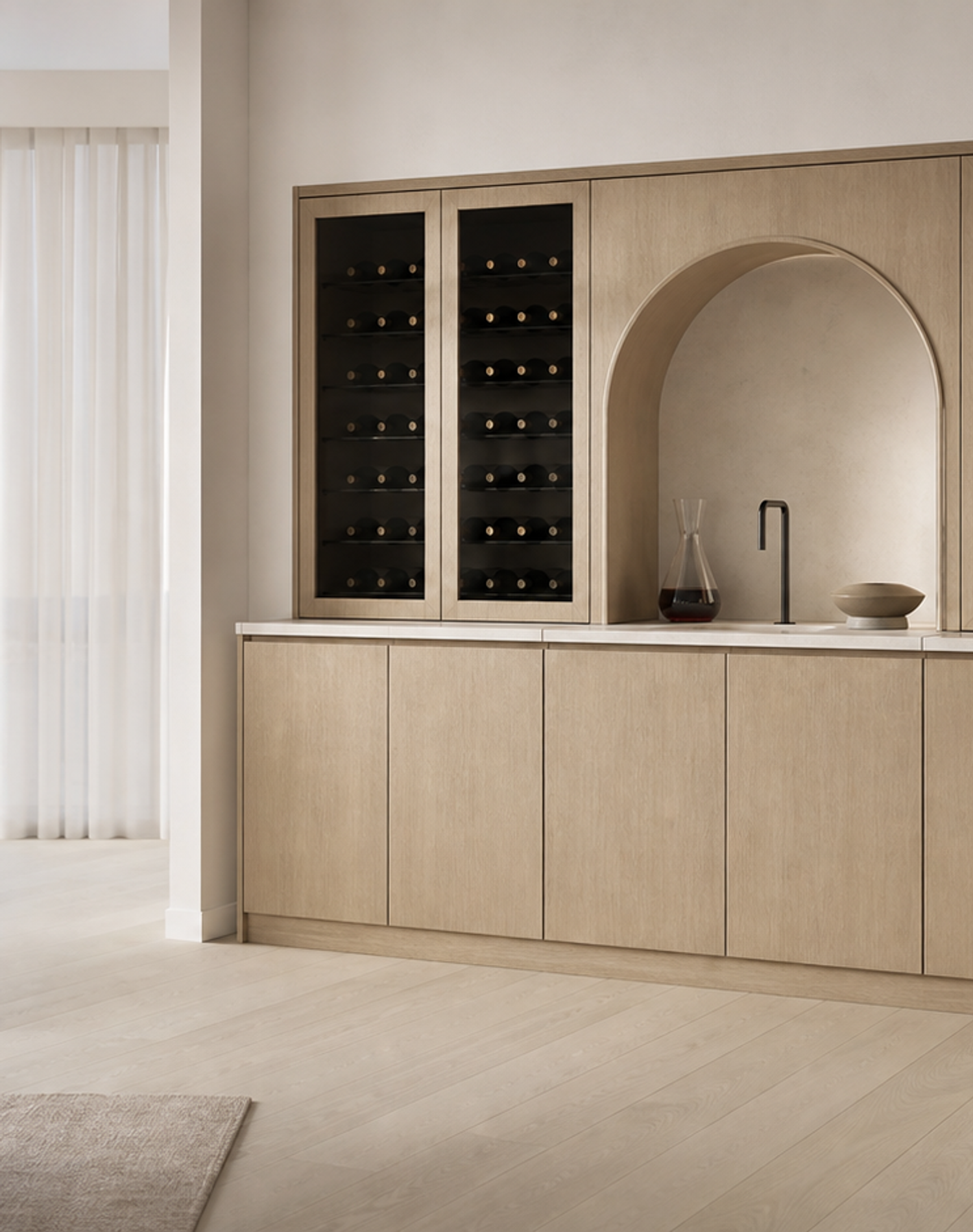 Fadior Grotto Wine Cabinet Suite with Bottle Rinse Arcade — lifestyle setting with natural light and residential styling