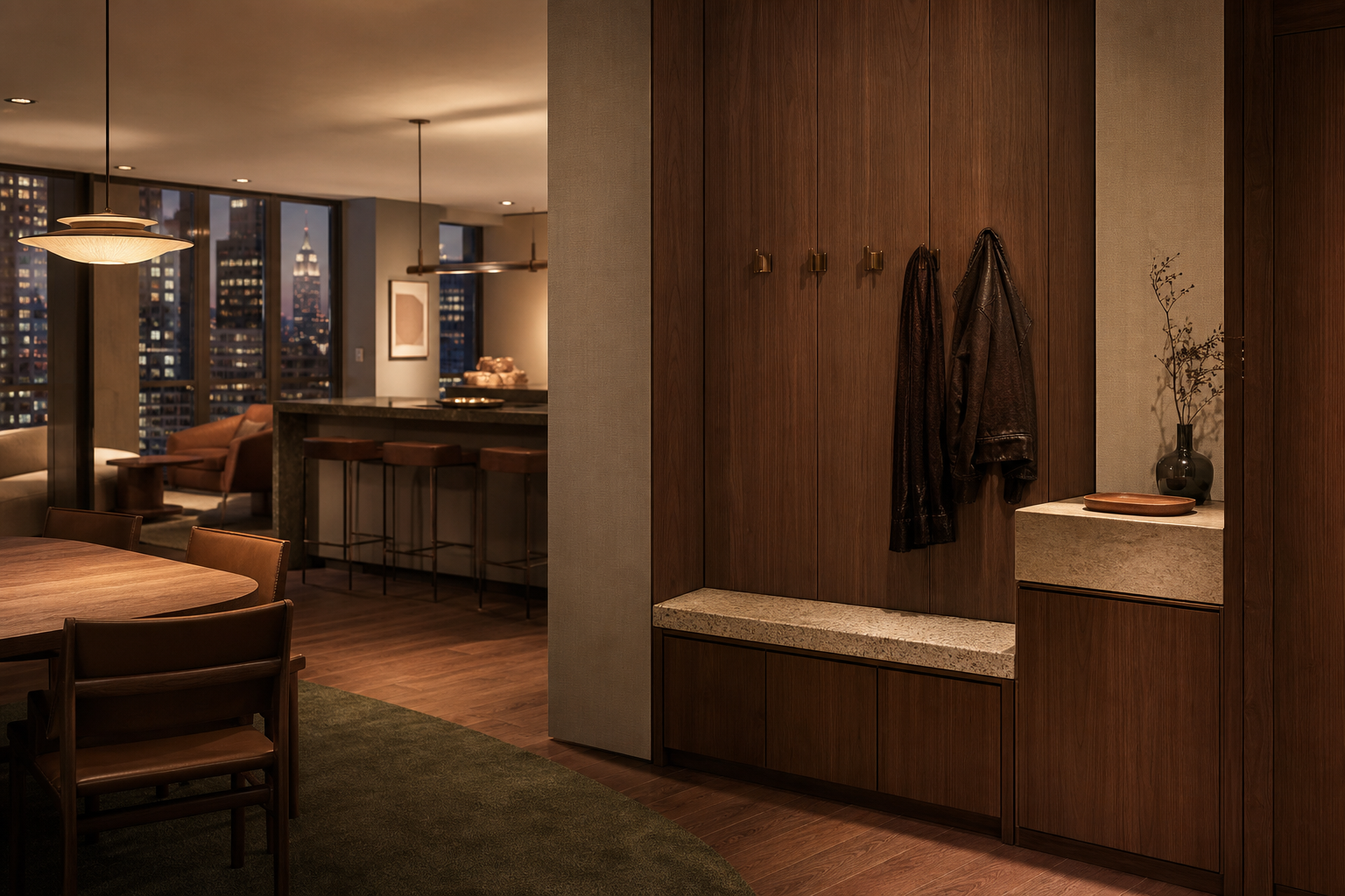 Fadior Ecliptic Entryway Suite with Limestone Threshold Valet Cabinet — lifestyle setting with natural light and residential