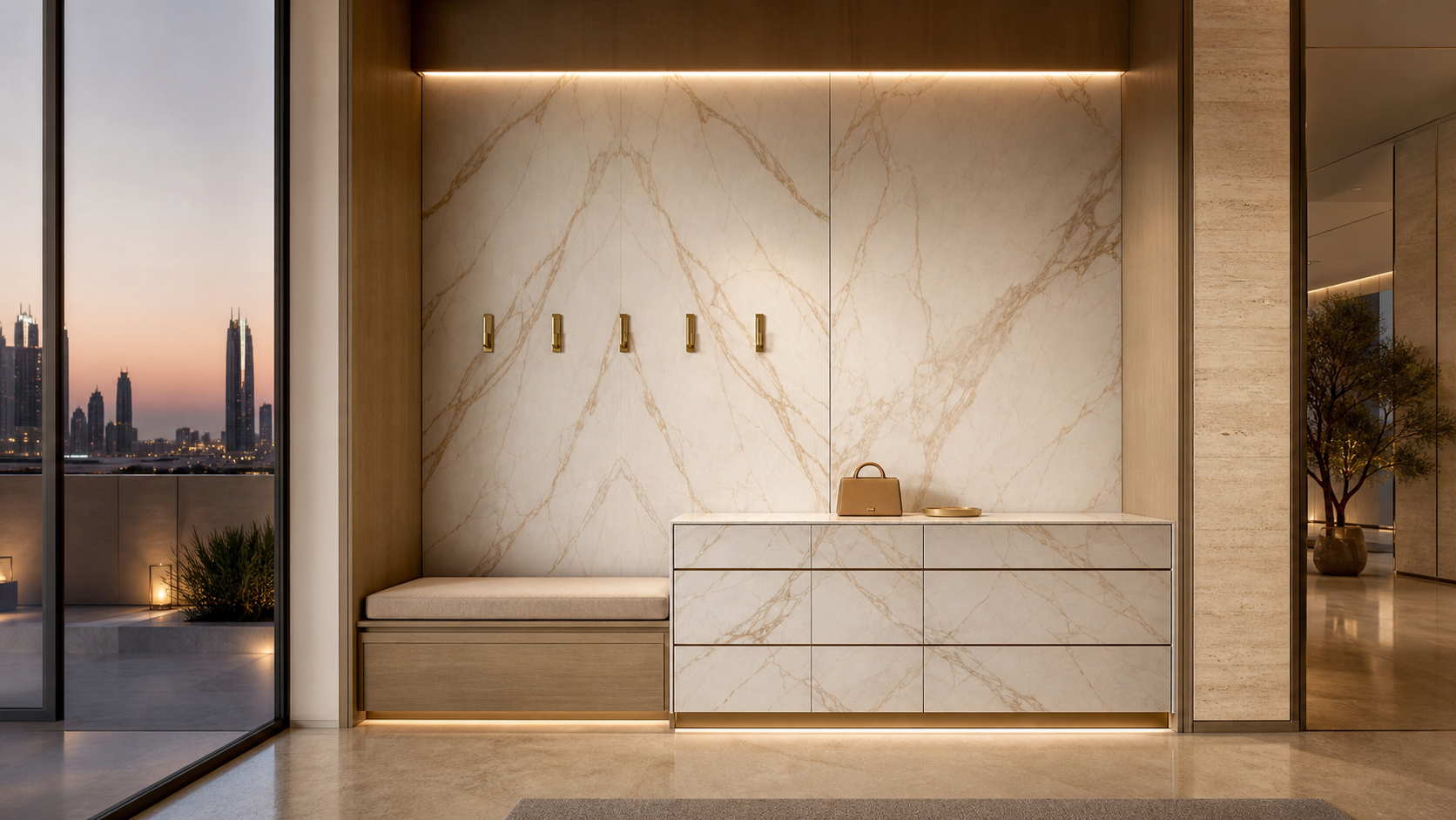 Fadior Loggia Entryway Suite with Italianate Marble Parcel Console — lifestyle setting with natural light and residential