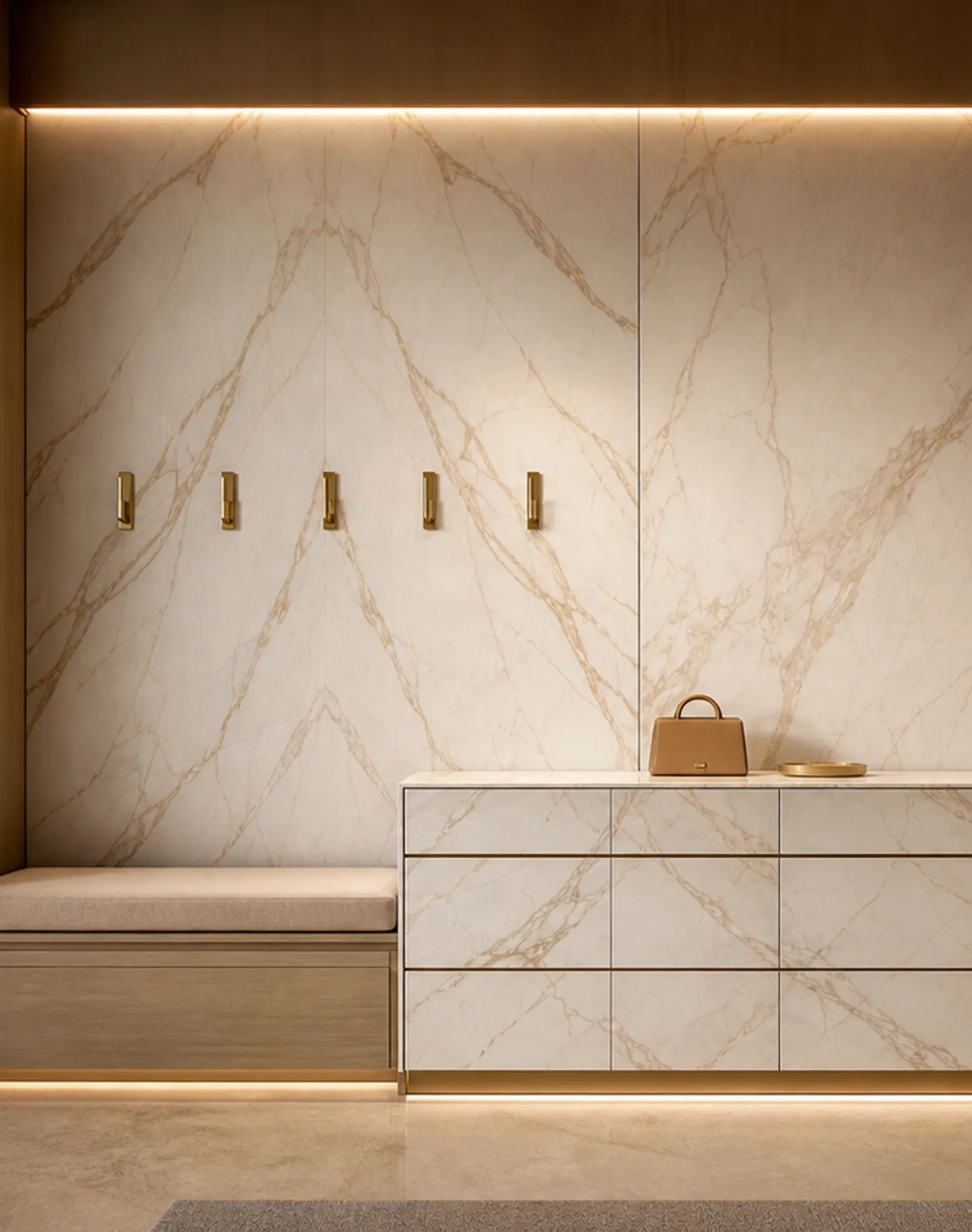 Fadior Loggia Entryway Suite with Italianate Marble Parcel Console — lifestyle setting with natural light and residential