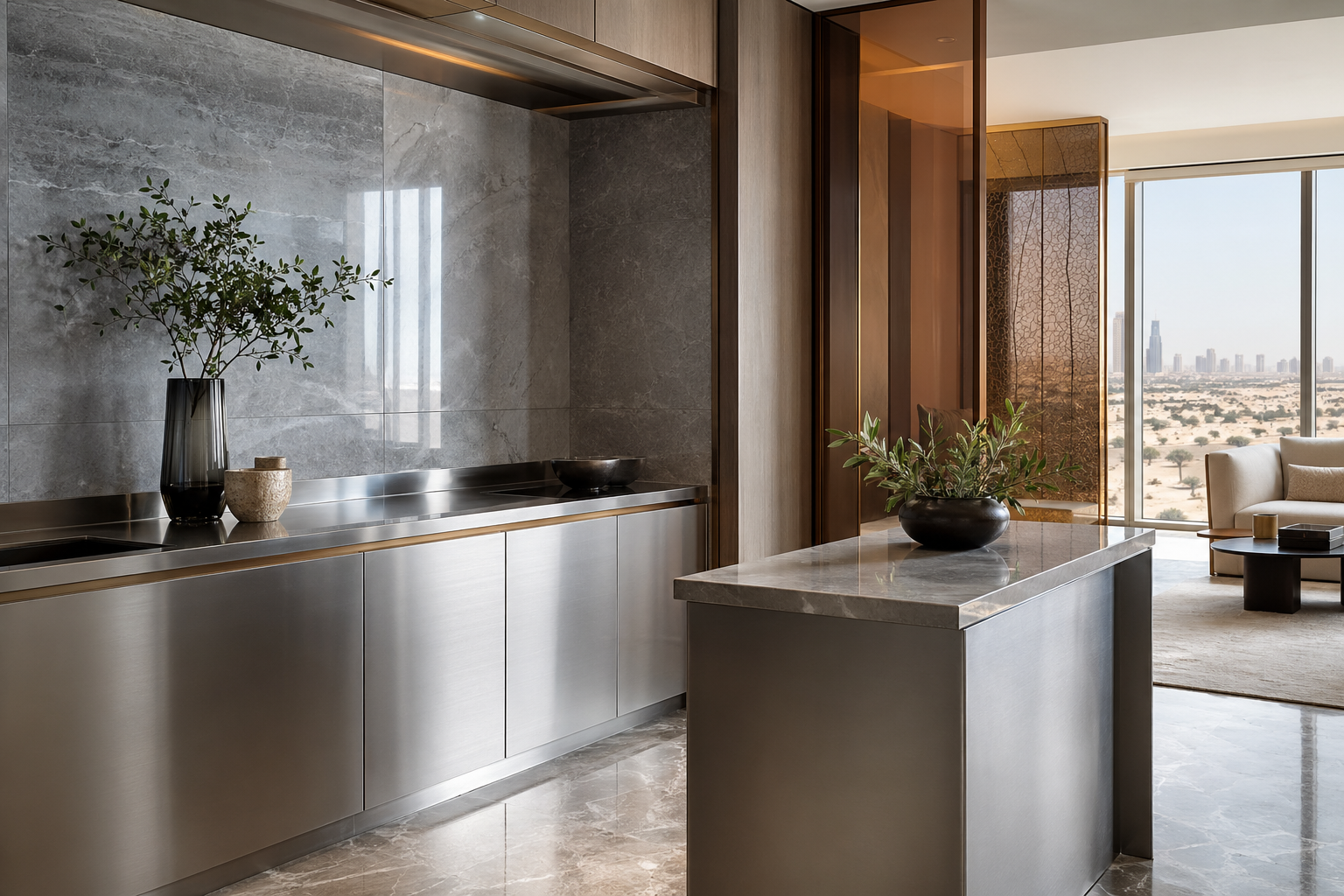 Fadior Dubai Boutique Suite Hotel — stainless counter, marble wall, desert window, plant vase