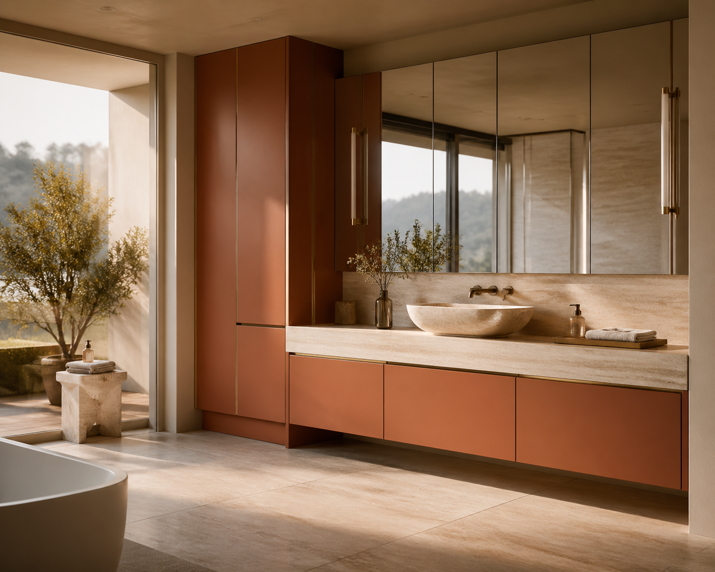 Fadior Nacre Bath and Vanity Suite with Low-Silica Travertine Ledge — lifestyle setting with natural light and residential styling