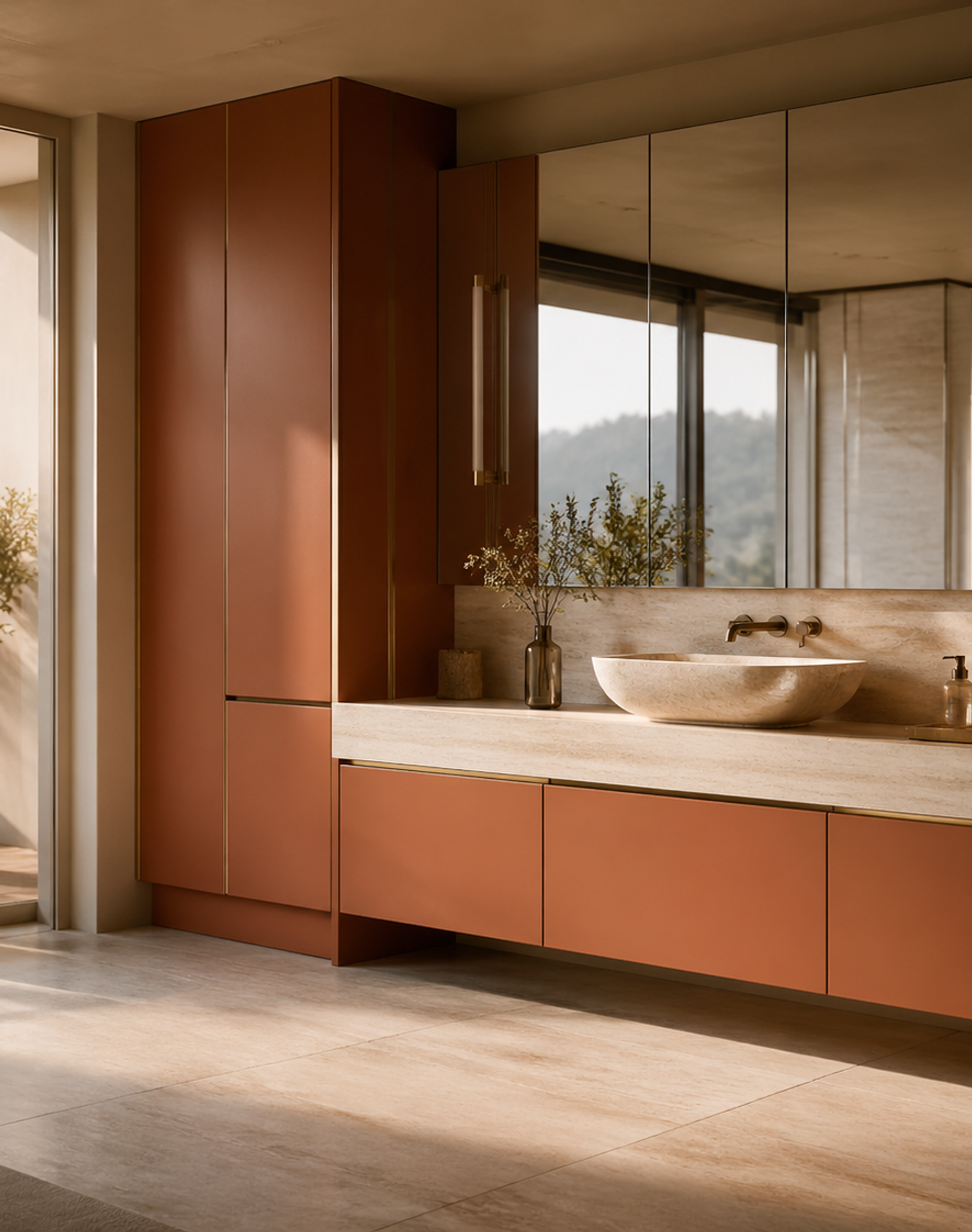 Fadior Nacre Bath and Vanity Suite with Low-Silica Travertine Ledge — lifestyle setting with natural light and residential styling