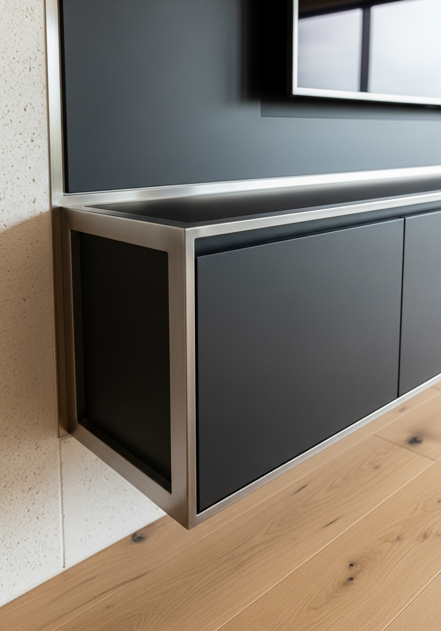 Fadior Essence Media Console — close-up of stainless steel finish and hardware detail