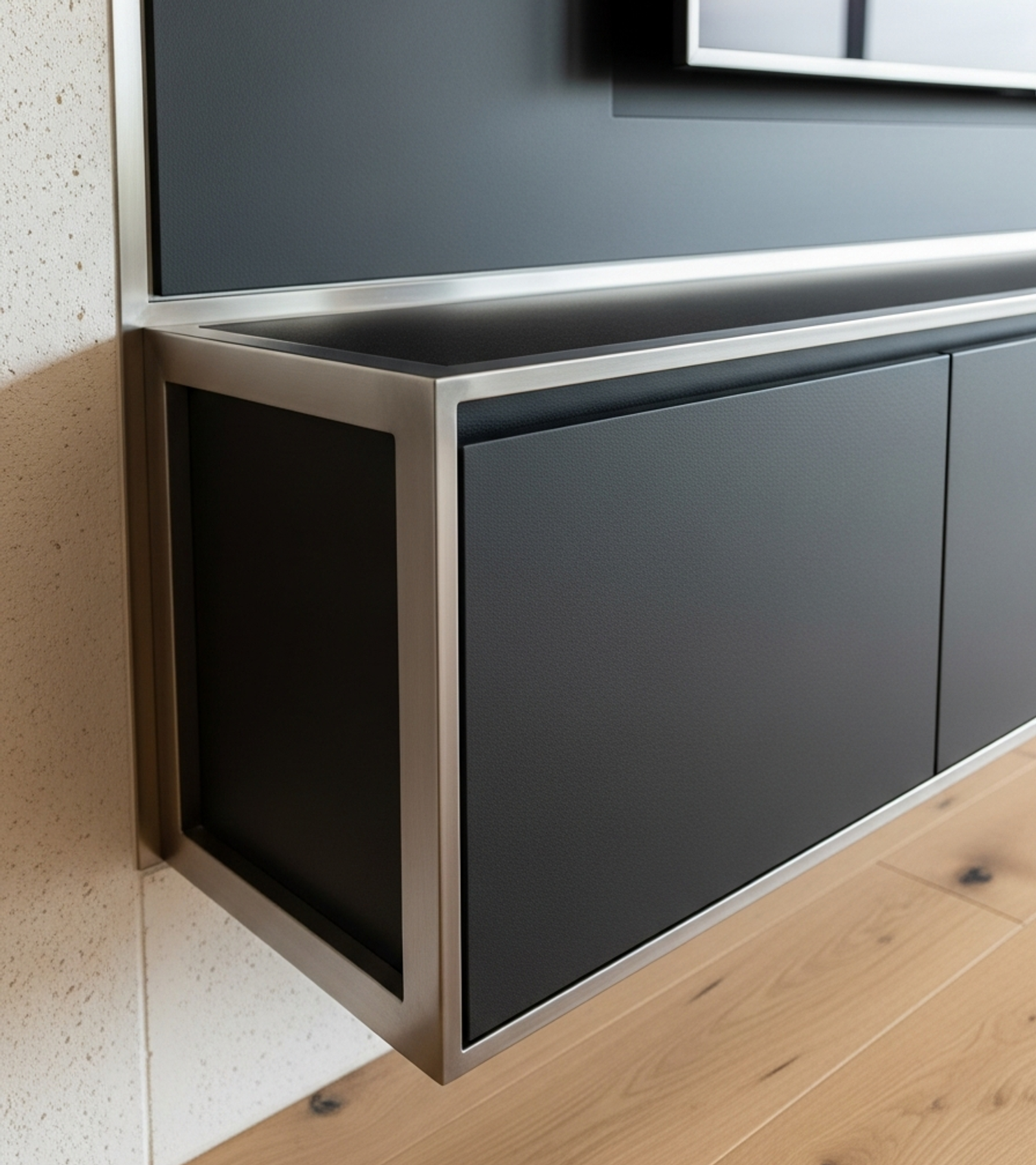 Fadior Essence Media Console — close-up of stainless steel finish and hardware detail
