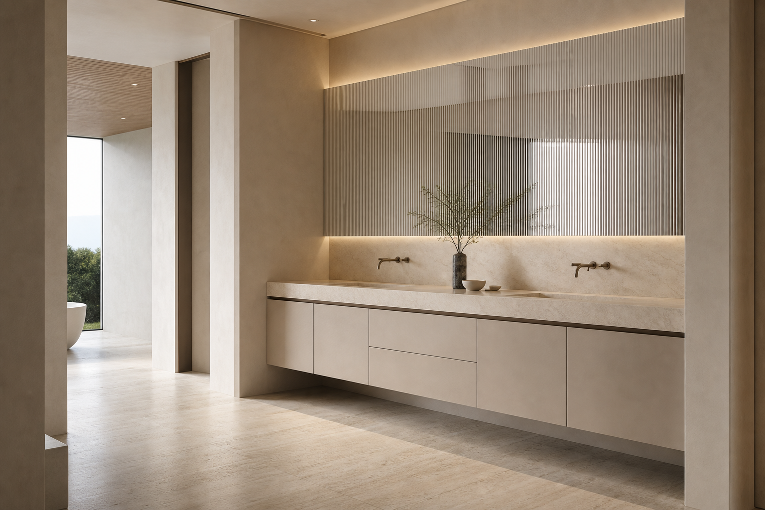 Fadior Voyage Bath and Vanity Suite with Fluted Mirror Ribbon — interior room context showing cabinet integration