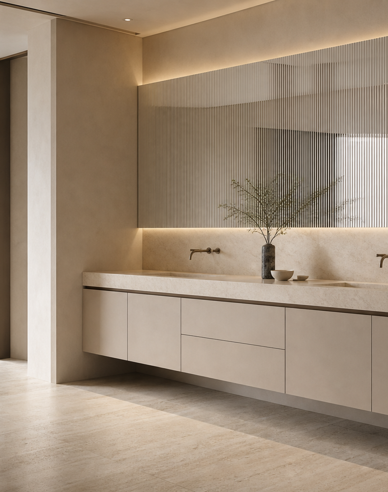 Fadior Voyage Bath and Vanity Suite with Fluted Mirror Ribbon — interior room context showing cabinet integration