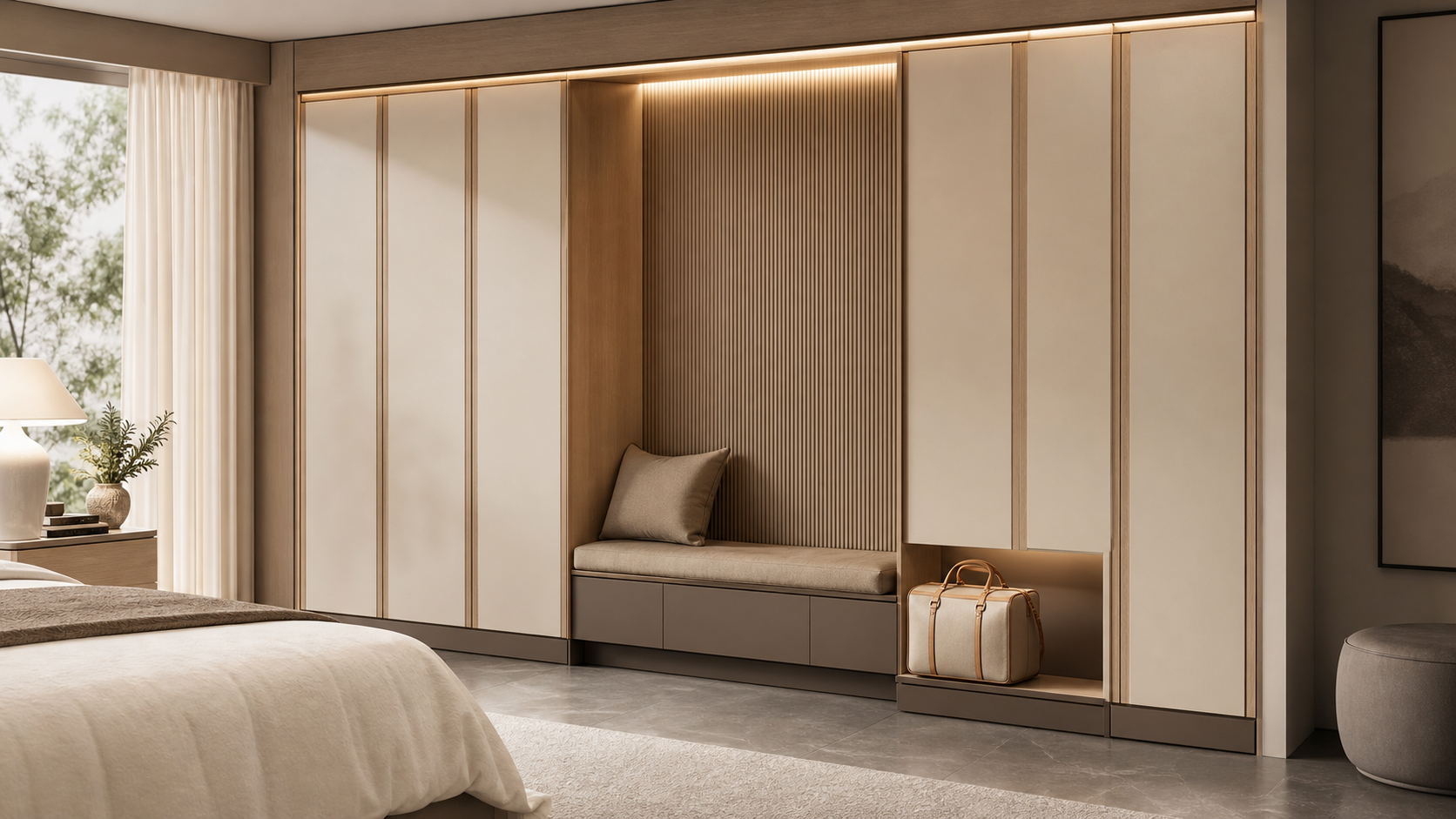 Fadior Voyage Wardrobe Suite with Harbor Bench Armoire — lifestyle setting with natural light and residential styling