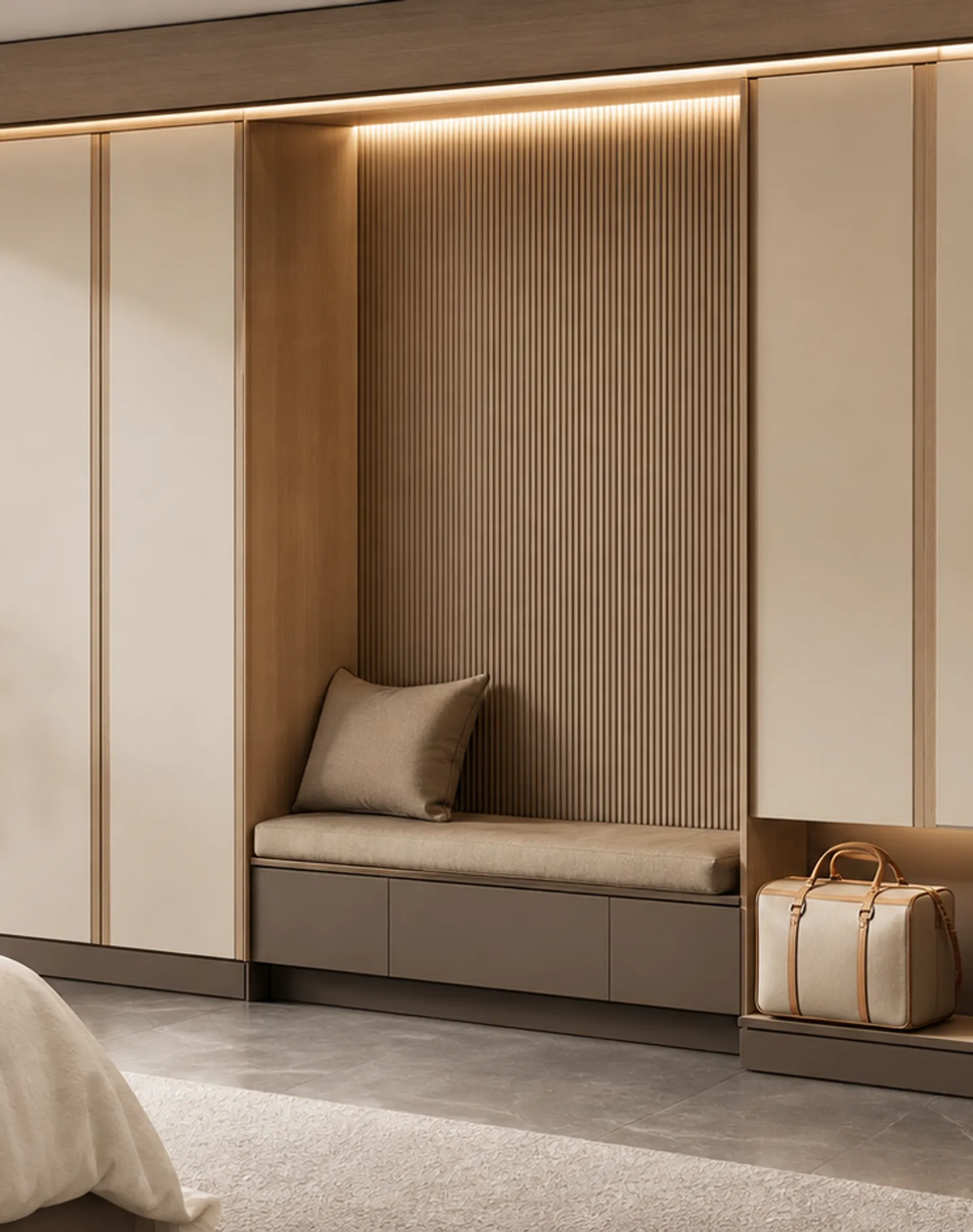 Fadior Voyage Wardrobe Suite with Harbor Bench Armoire — lifestyle setting with natural light and residential styling