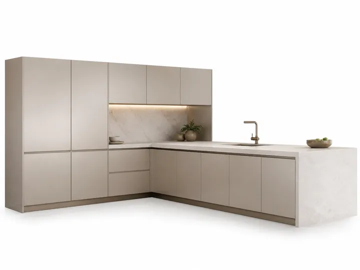 Fadior Continuum Kitchen Suite with Rooftop Champagne Peninsula — 304 stainless steel kitchen system, front view