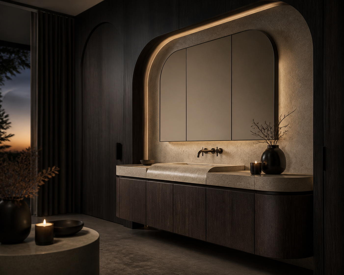 Fadior Ethereal Bath and Vanity Suite with Sculpted Arc Basin Gallery — interior room context showing cabinet integration