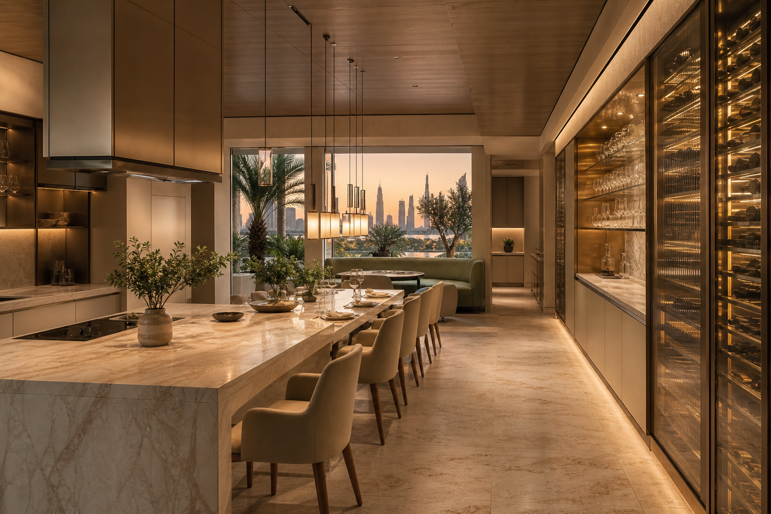 Fadior Dubai Chef Table Commercial Kitchen — island table, dining chairs, wine wall, palm window
