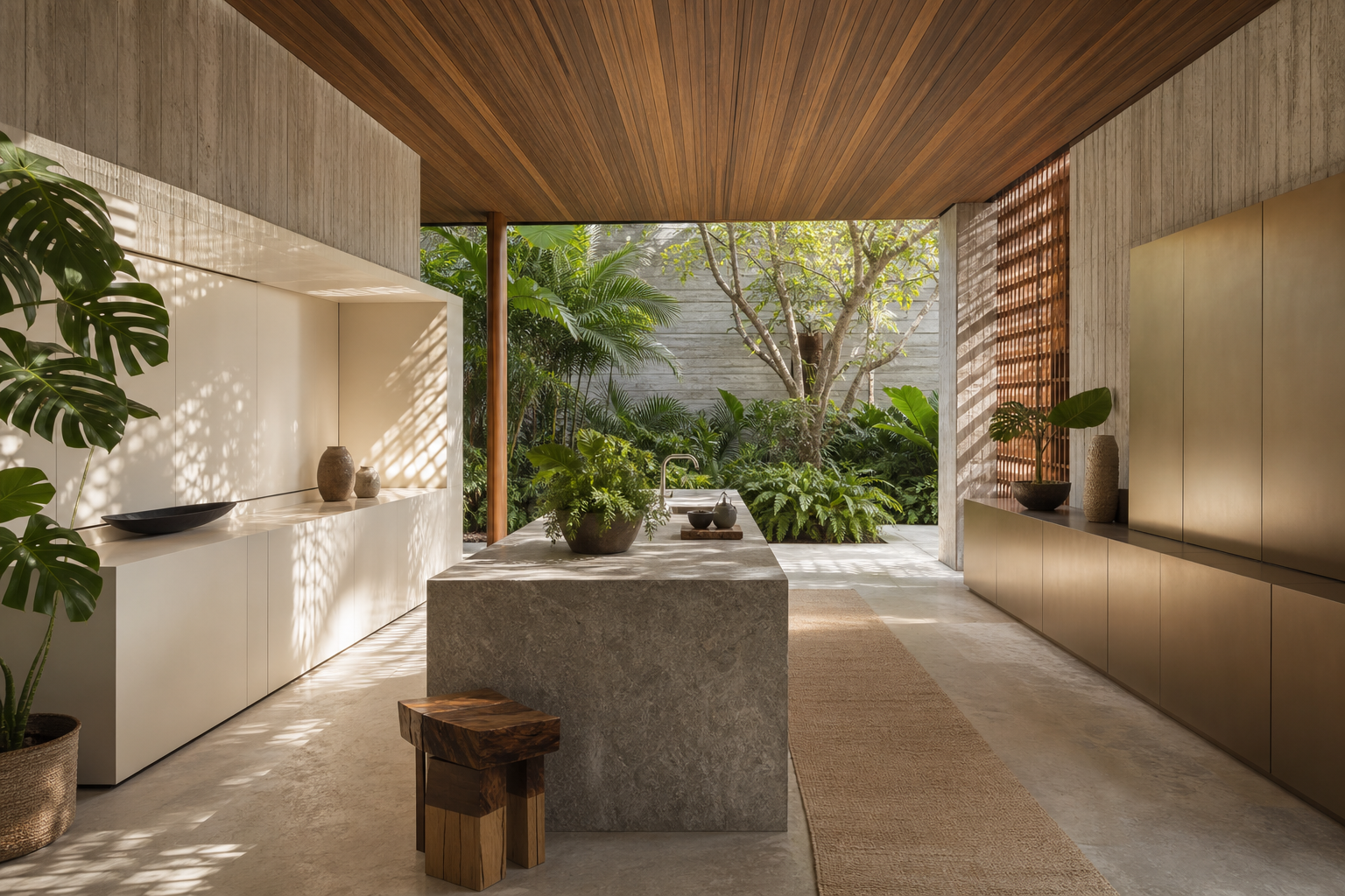 Kitchen comparison scene with cream panels, stone island, and champagne cabinetry in a courtyard view.