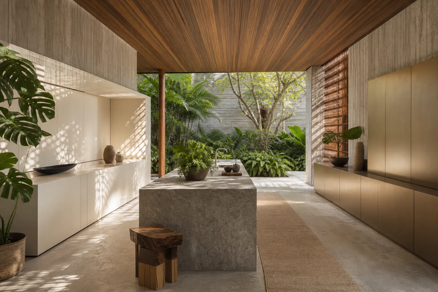 Kitchen comparison scene with cream panels, stone island, and champagne cabinetry in a courtyard view.