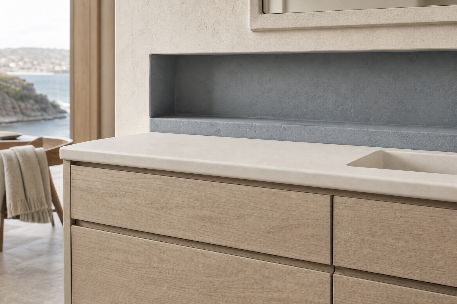 Fadior Voyage Bath Vanity Suite with Soft Slate Wash Niche — close-up of stainless steel finish and hardware detail