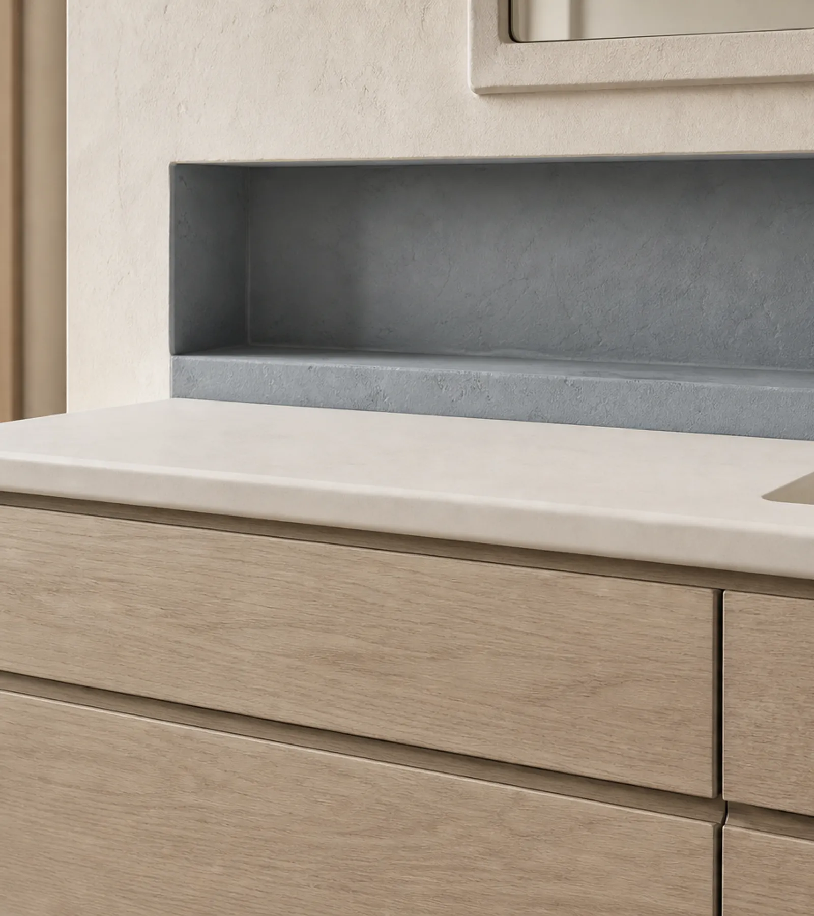 Suite de Tocador Voyage Bath con Nicho de Lavabo Soft Slate acabado y detalle