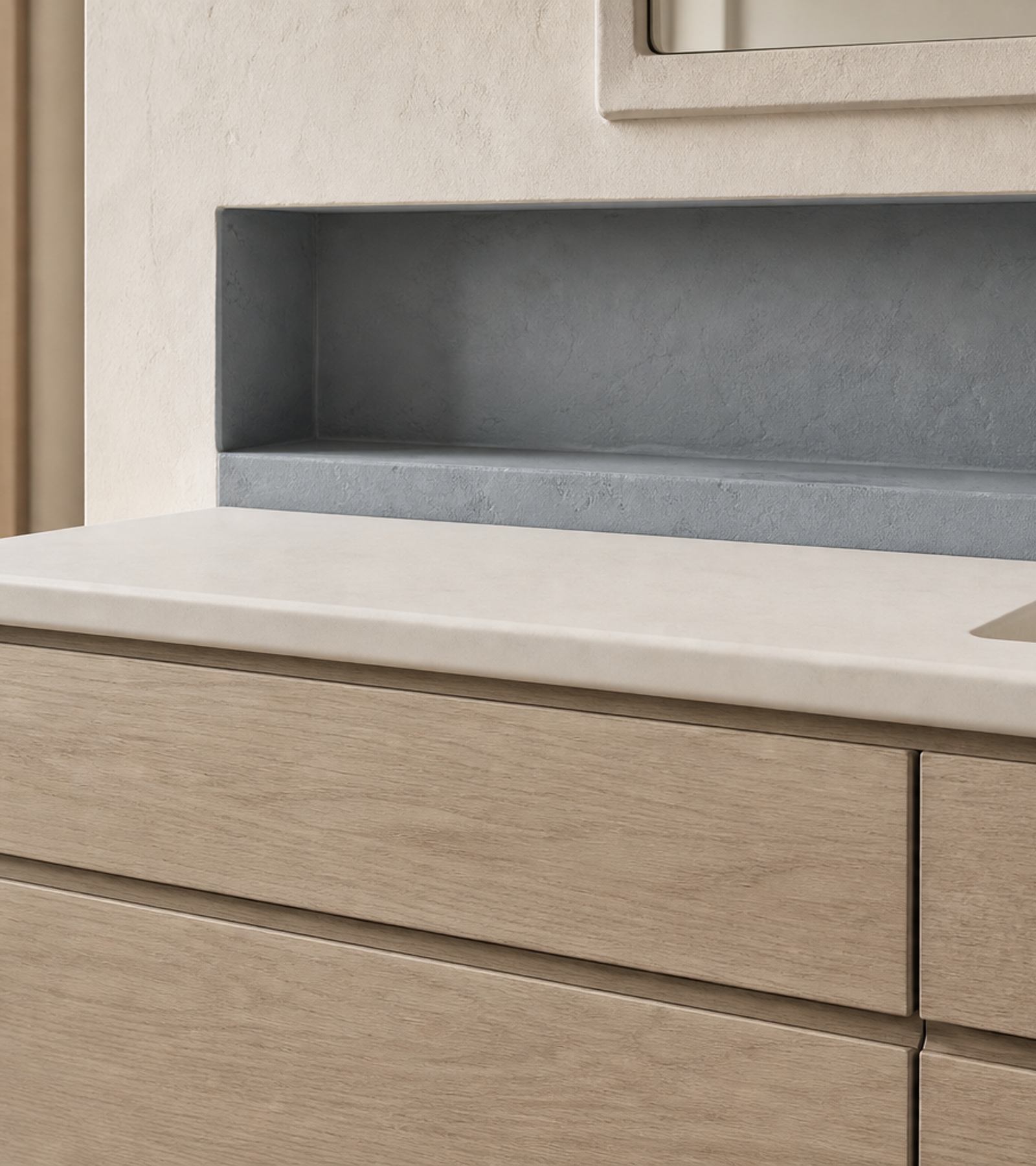 Fadior Voyage Bath Vanity Suite with Soft Slate Wash Niche — close-up of stainless steel finish and hardware detail