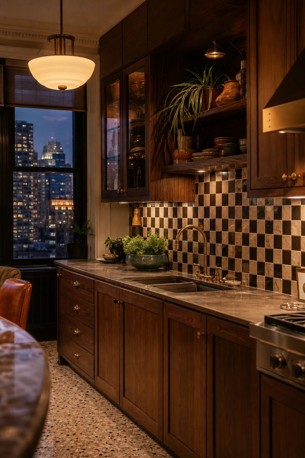 Fadior New York 320 sqm Kitchen Villa — stone counter, cabinet wall, checkerboard tile, sink window, pendant light