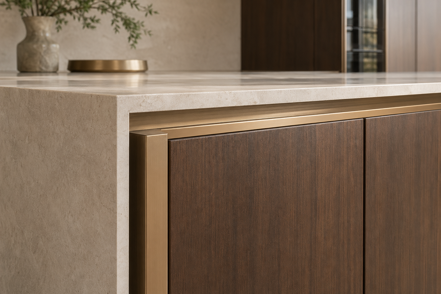 Fadior Continuum Kitchen Suite with Bronze Rift Island Gallery — close-up of stainless steel finish and hardware detail