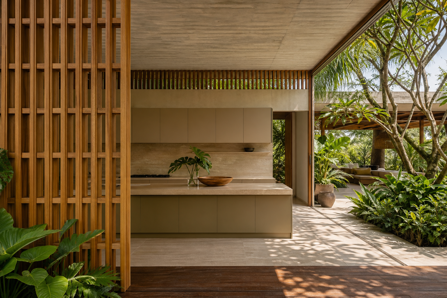 Tropical modern kitchen atmosphere with champagne-tone cabinetry, courtyard light, and warm residential hosting mood.